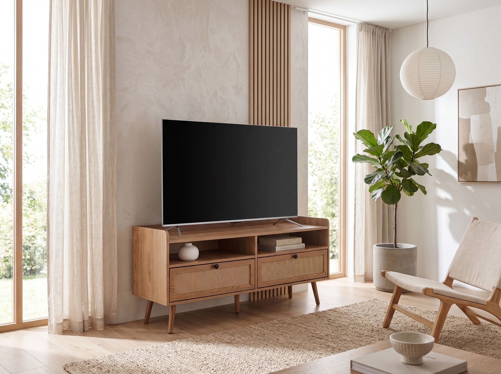 FineBuy Lowboard 120x56x39 cm TV-Kommode mit Eiche-Dekor & Rattan, Design TV-Schrank Hoch mit Schubladen, Fernsehtisch Fernsehschrank Stauraum, Fernsehkommode W – Bild 4 von 5