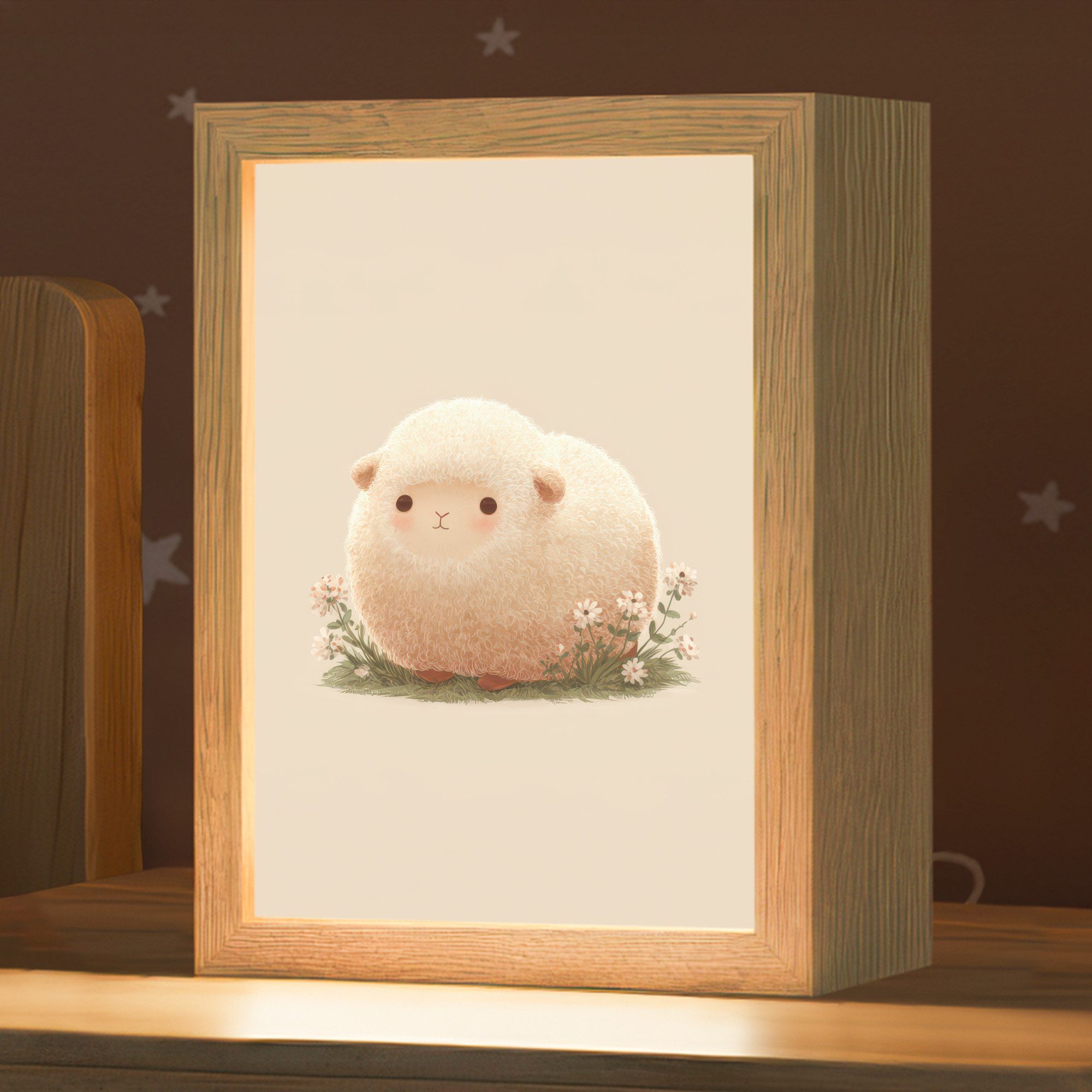 OnlyWow Nachttischlampe Lightbox Schafe - Beige - Blumen - Mädchen, Dimmbar, Farbwechsel, LED, Warmweiß, Kaltweiß, Neutralweiß Einstellbar, Kinderzimmer, Babyzimmer, Dimmbar, mit Kabel, Nachtlampe, LED