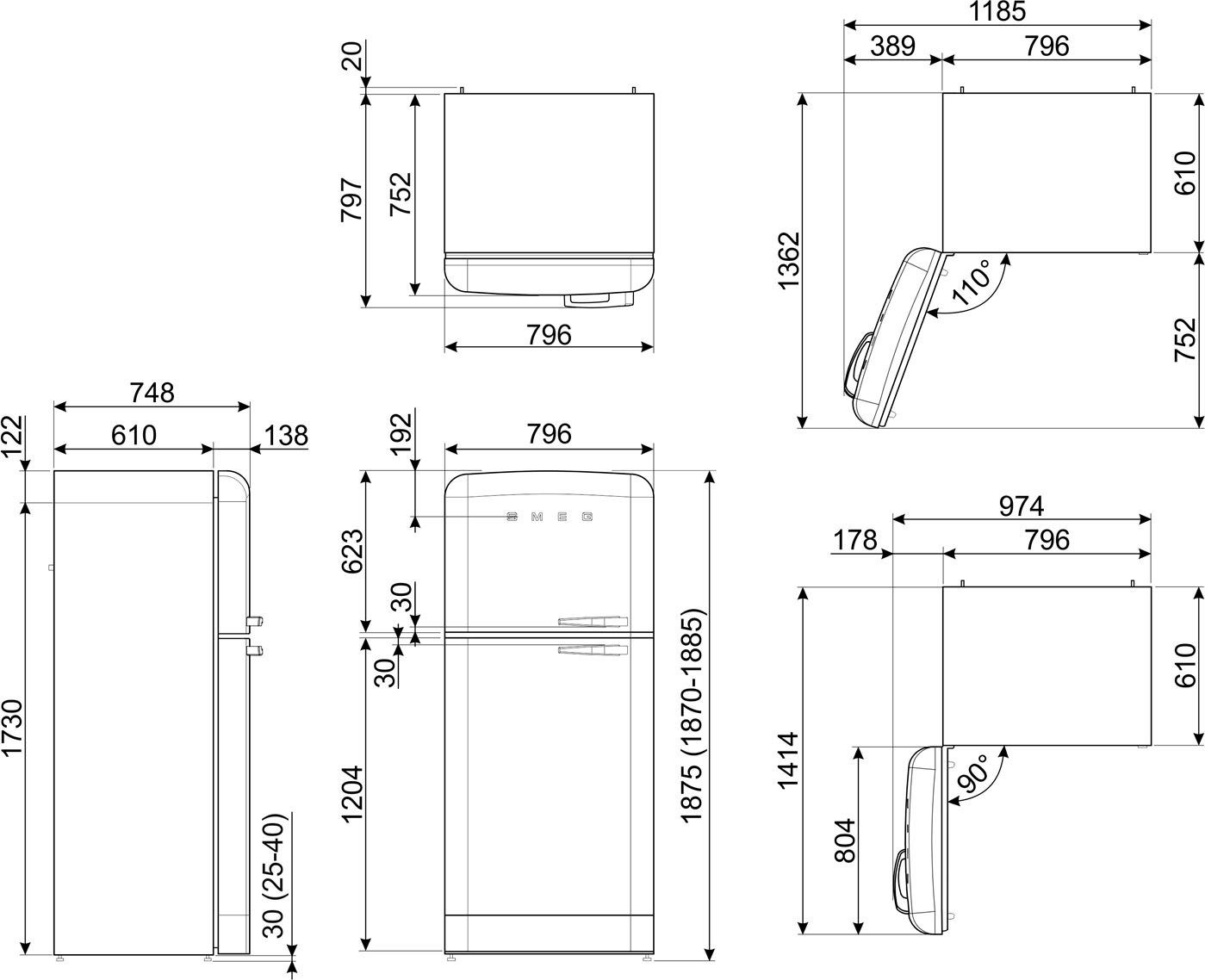 Smeg Kühl-/Gefrierkombination FAB50LBL5, 192,1 cm hoch, 79,6 cm breit