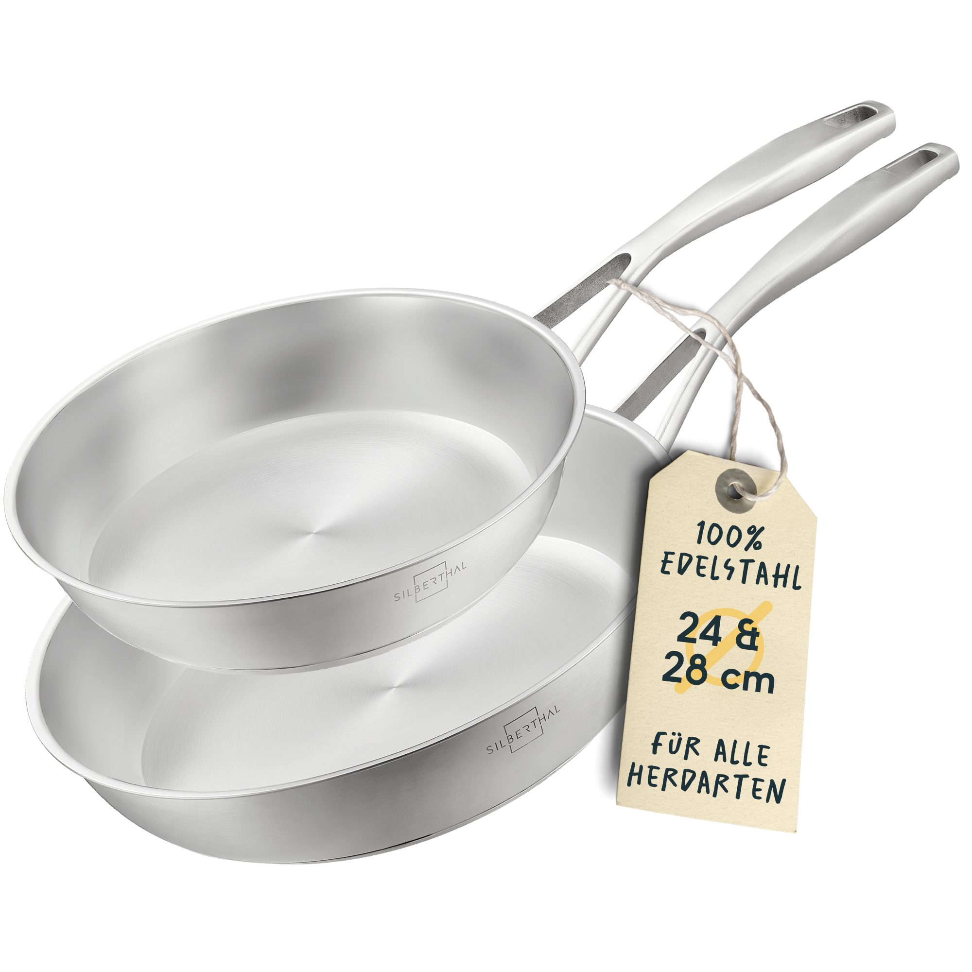 SILBERTHAL Bratpfanne 2er Set, Edelstahlpfanne Unbeschichtet Induktion, Edelstahl (2-tlg), für Röstaromen, spülmaschinenfest, backofenfest bis 400°C