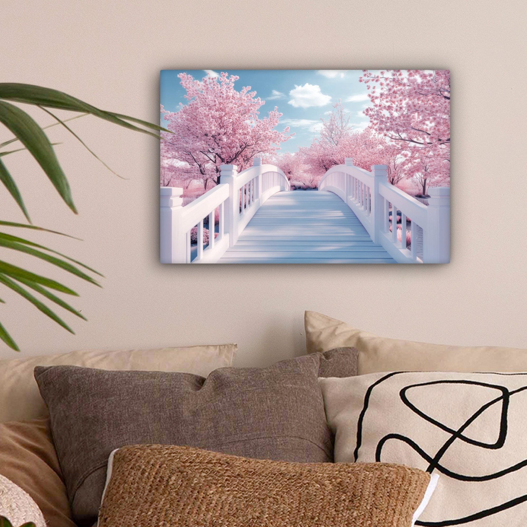 OneMillionCanvasses® Leinwandbild Brücke - Kirschbäume - Weiß, Fotodruck (1 günstig online kaufen
