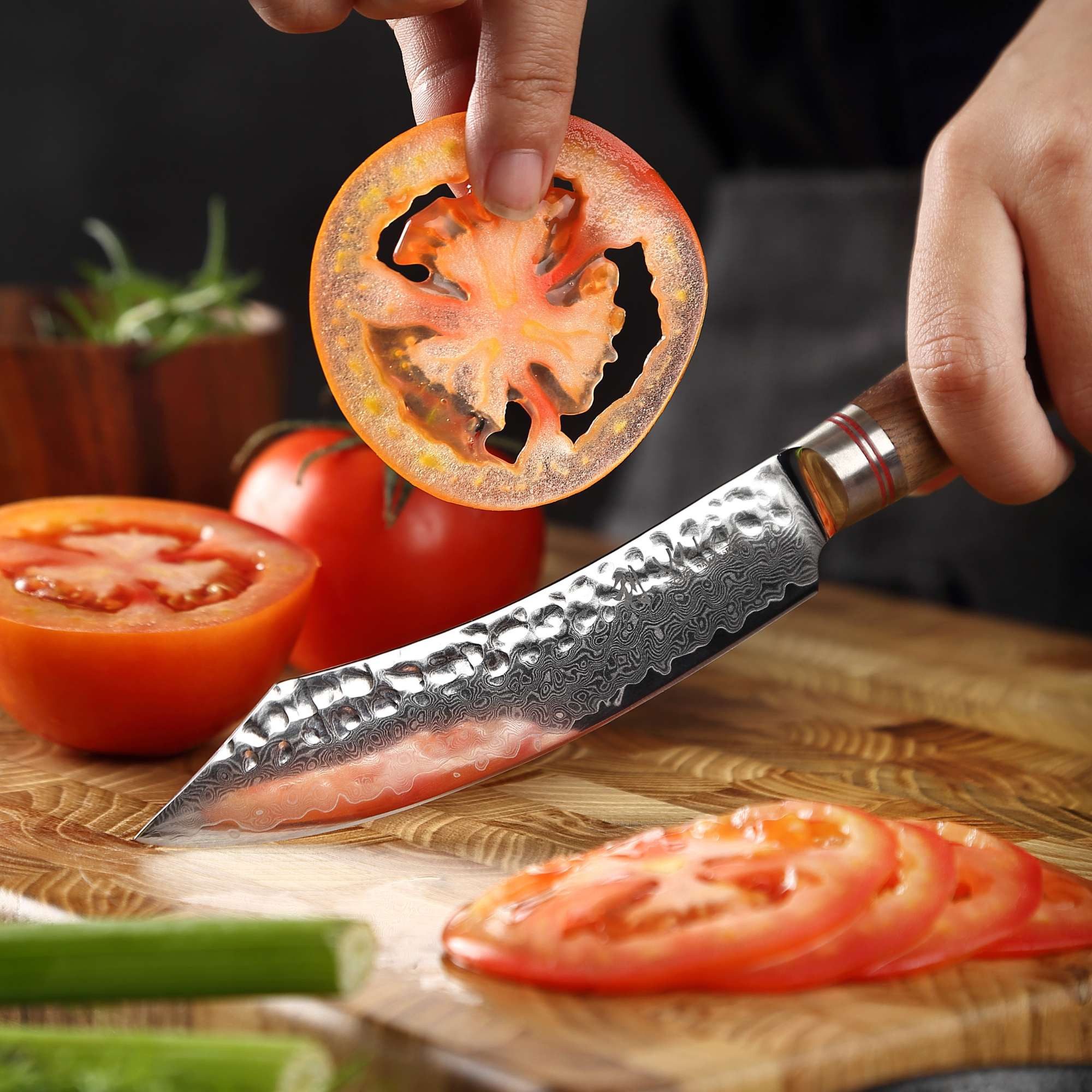 Wakoli Steakmesser Nussbaum Damastmesser I 12,5 cm Klinge I Nussbaumholzgriff (1 Stück), aus 67 Lagen Damaststahl VG-10 Stahlkern
