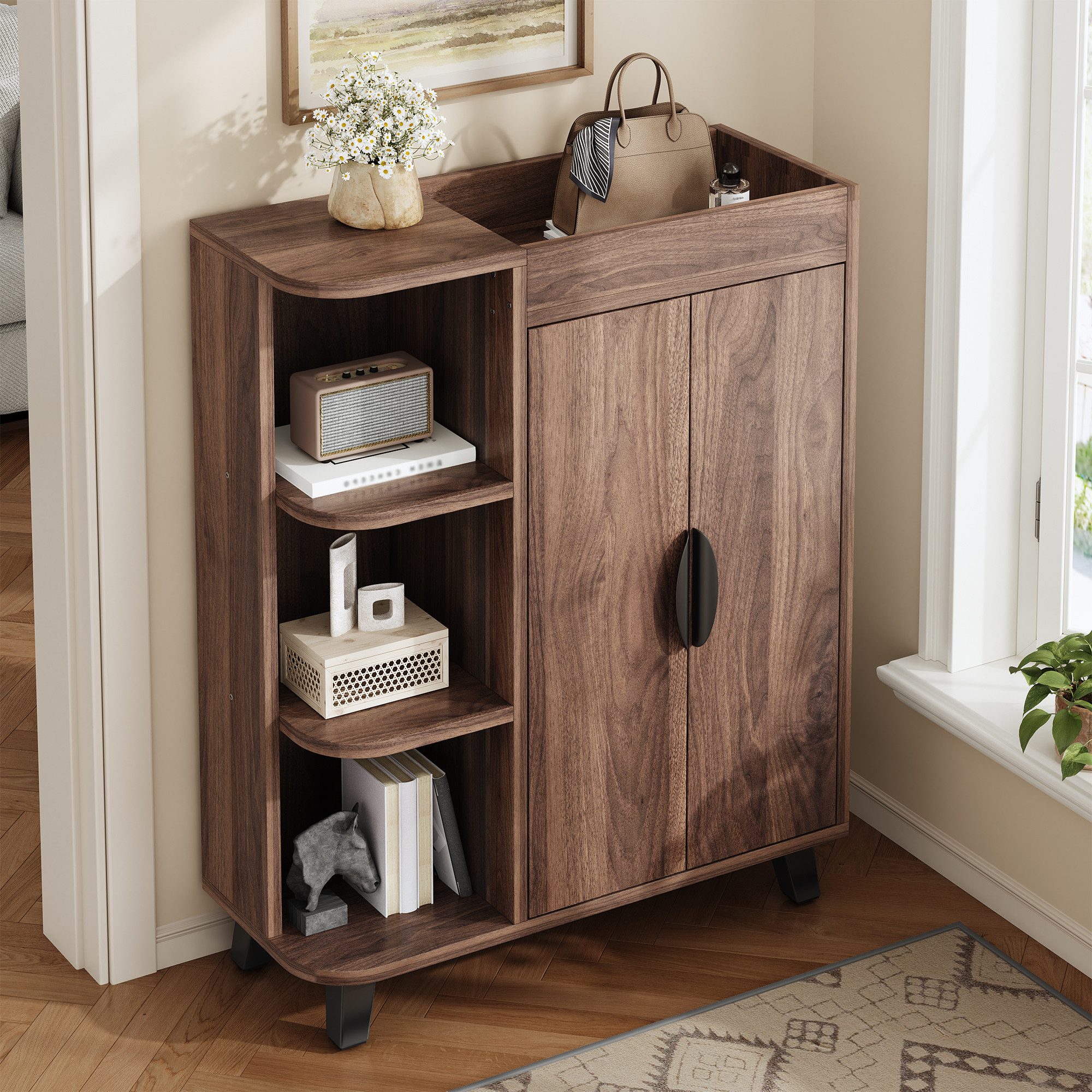 OKWISH Schuhschrank 80x99x32 cm mit offenen Fächern – platzsparend (Packung, 1-St., Holzoptik, mit oberem Ablagefach) mit 2 Türen, Mehrzweckschrank für kleine Flure & Räume