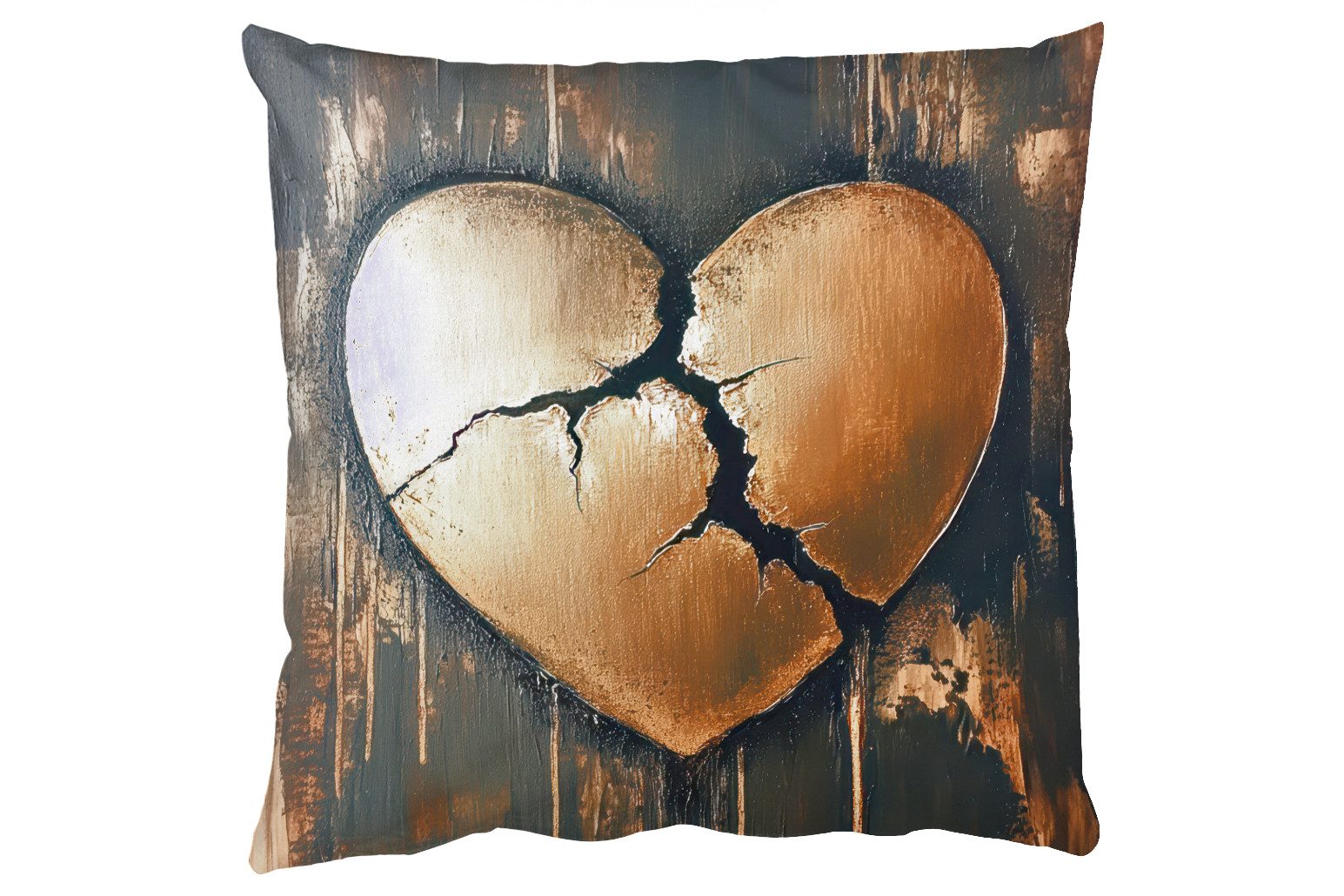 MuchoWow Dekokissen Gebrochenes Herz - Gold - Holzoptik - Liebe, Zierkissen, Deko Kissen mit Füllung, Sofakissen, 60x60 cm