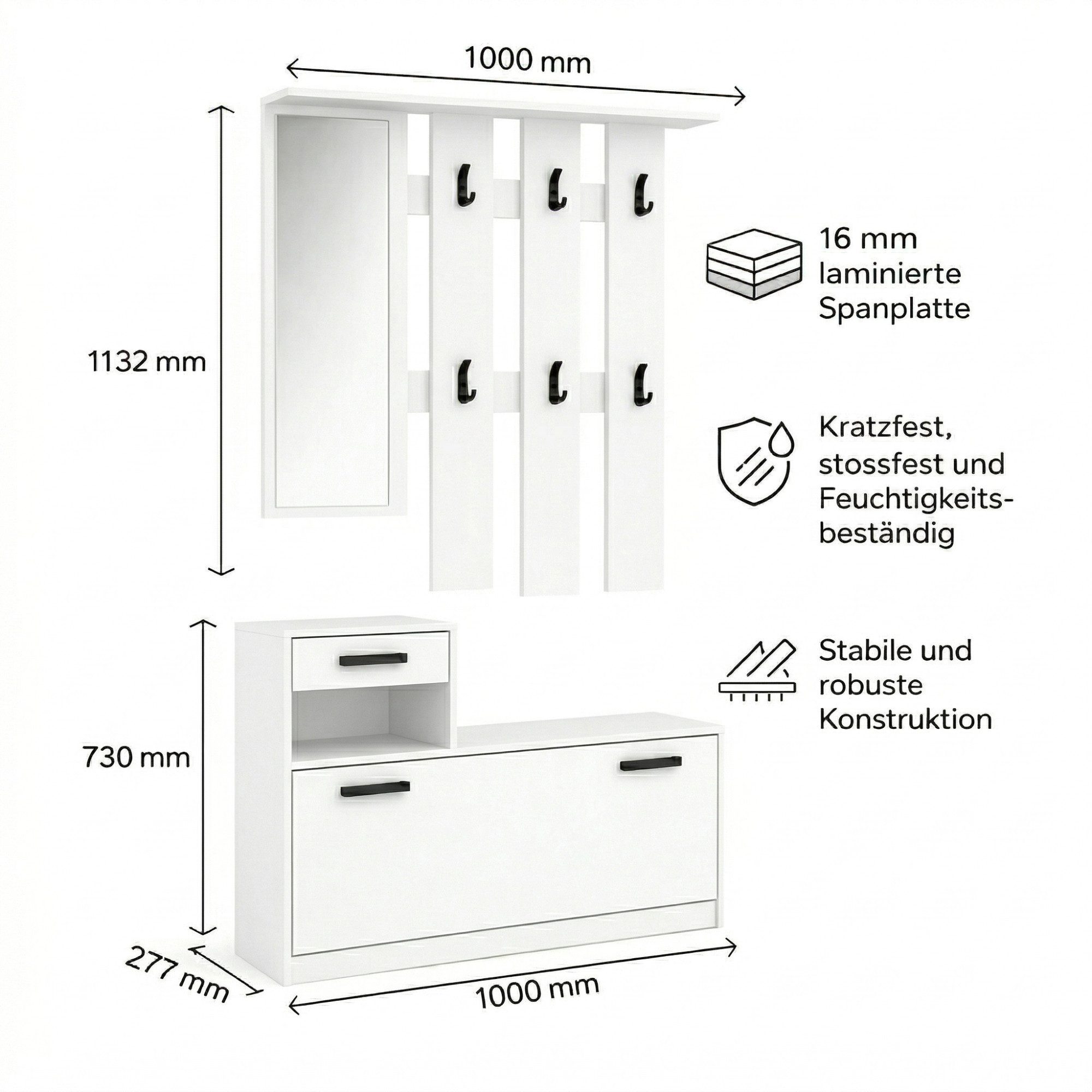 OTTO home Garderoben-Set Luna Kommode mit 1 Klappe + 1 Schubkasten, Paneel mit Spiegel 6 Haken, (2-St), Kompaktes Garderoben-Set für ein stilvolles und ordentliches Zuhause