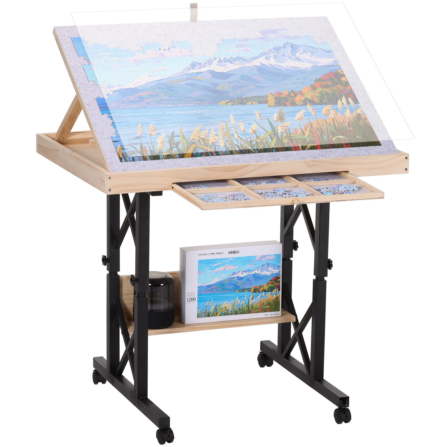 Insma Puzzleunterlage Puzzletisch Puzzlebrett für 1500-Teile Puzzle mit 4 Rollen, (Puzzleboard mit Schubladen, Abdeckung), höhen- & winkelverstellbar, klappbar 82,5×59,5×94 cm