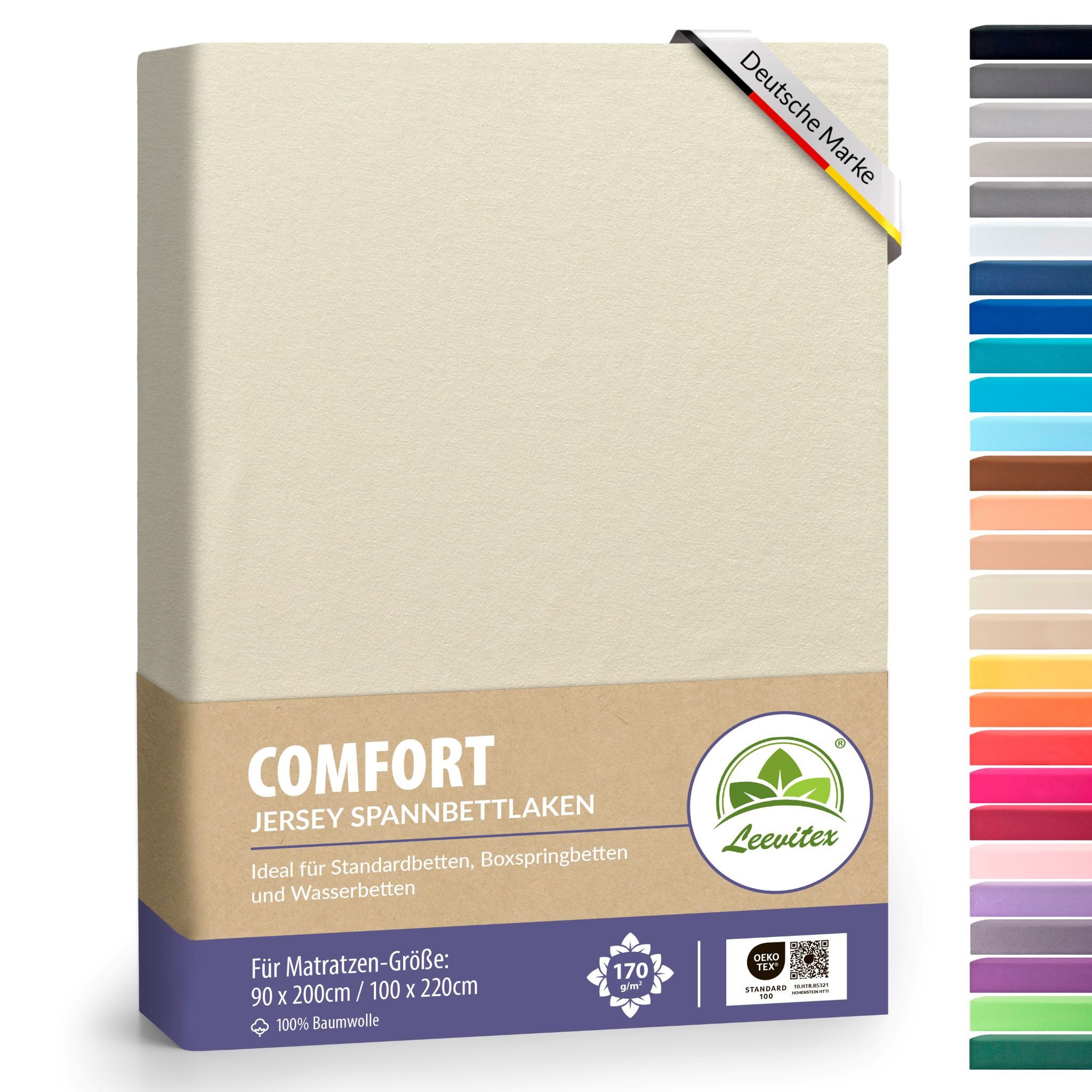 leevitex® Spannbettlaken verschiedene Größen, Stoffgewicht 170 g/m², 40 cm Steghöhe, Jersey, Gummizug: rundum, (1 Stück), verschiedene Farben, OEKO-TEX® STANDARD 100 zertifiziert