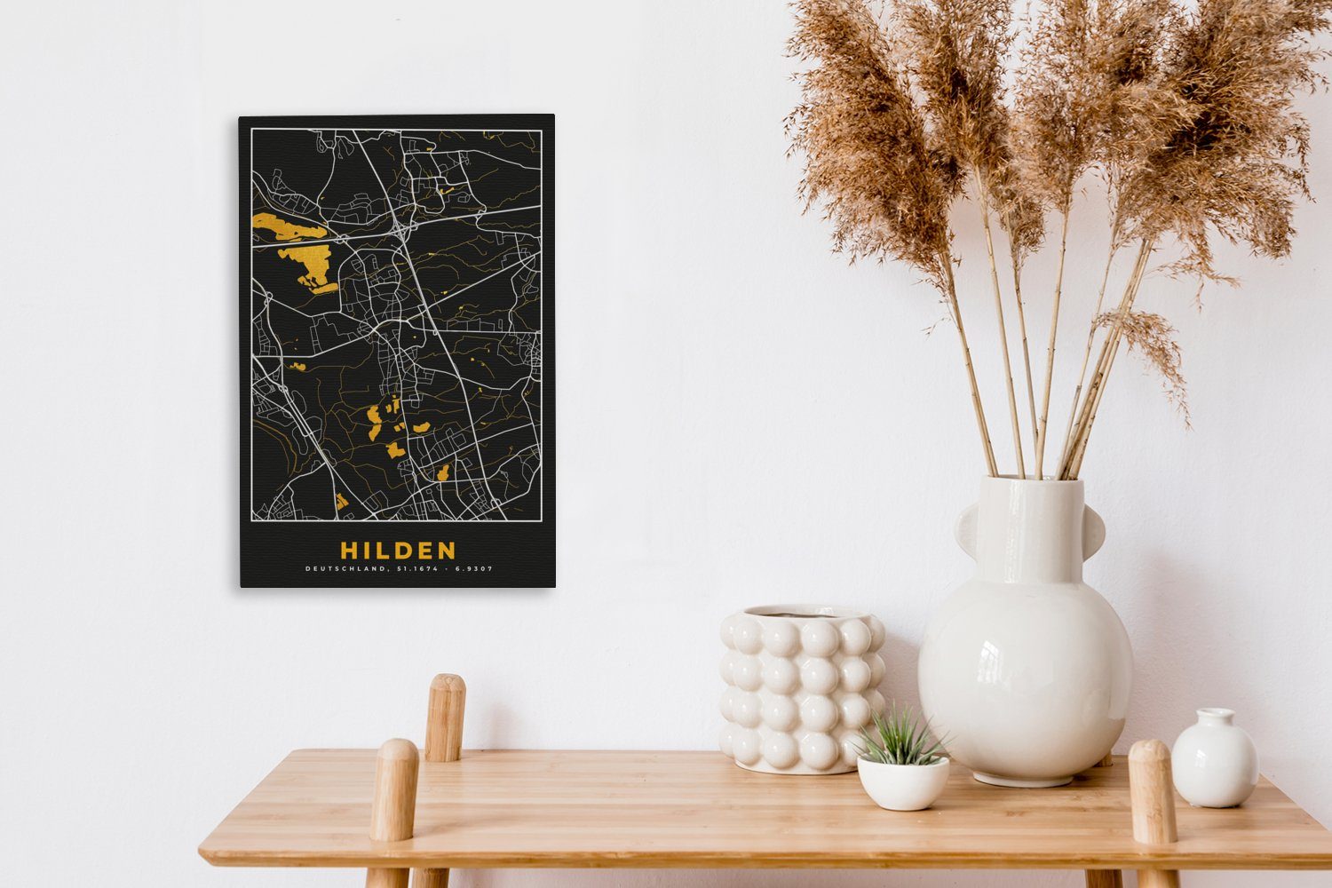 Stadtplan Deutschland Zackenaufhänger, - bespannt Hilden Gold - - Leinwandbild 20x30 Gemälde, St), OneMillionCanvasses® (1 Karte, fertig Schwarz Leinwandbild cm - und inkl.