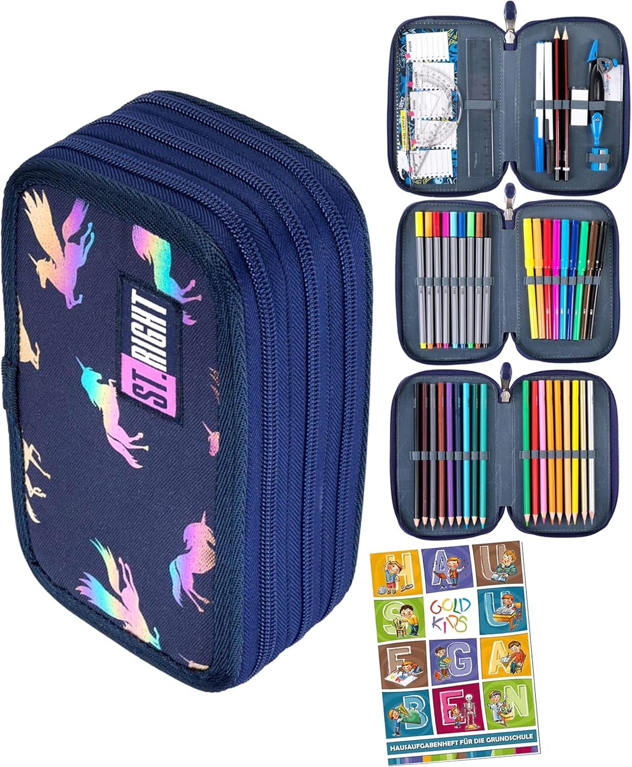 GOLDKIDS Federmäppchen St. Right XXL Federtasche Federmappe 46-teilig, (gefüllte Schüleretui, 1-tlg., 3-stöckig 19 x 13 x), 7 cm inkl. Hausaufgabenheft Holo Unicorns Einhorn