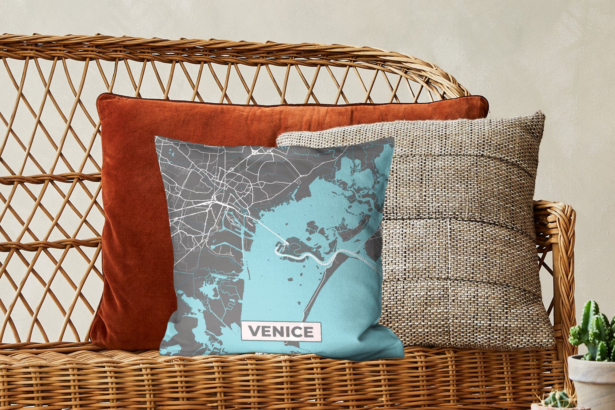 mit Venedig - MuchoWow - Zierkissen Wohzimmer, für - Sofakissen Blau, Stadtplan Deko, Füllung Karte Schlafzimmer, Dekokissen