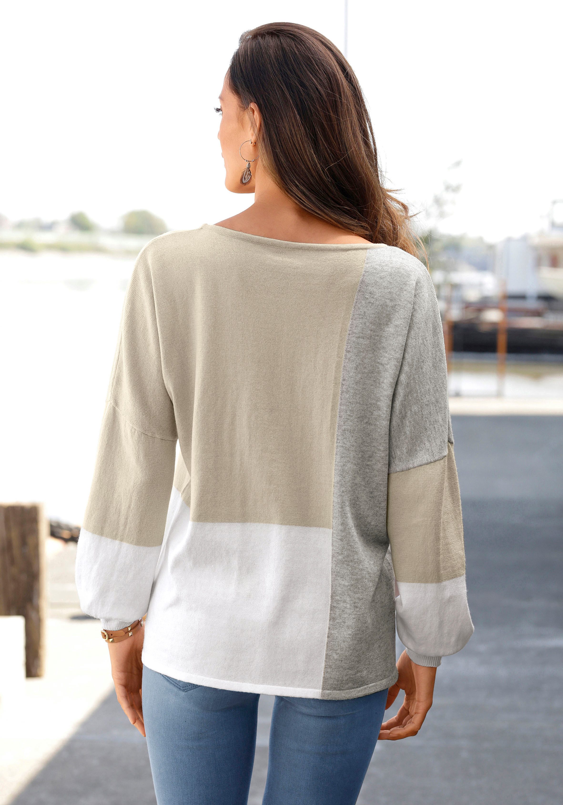 LASCANA Rundhalspullover mit Colorblock-Optik, Damenpullover, Baumwolle, locker und kaschierend