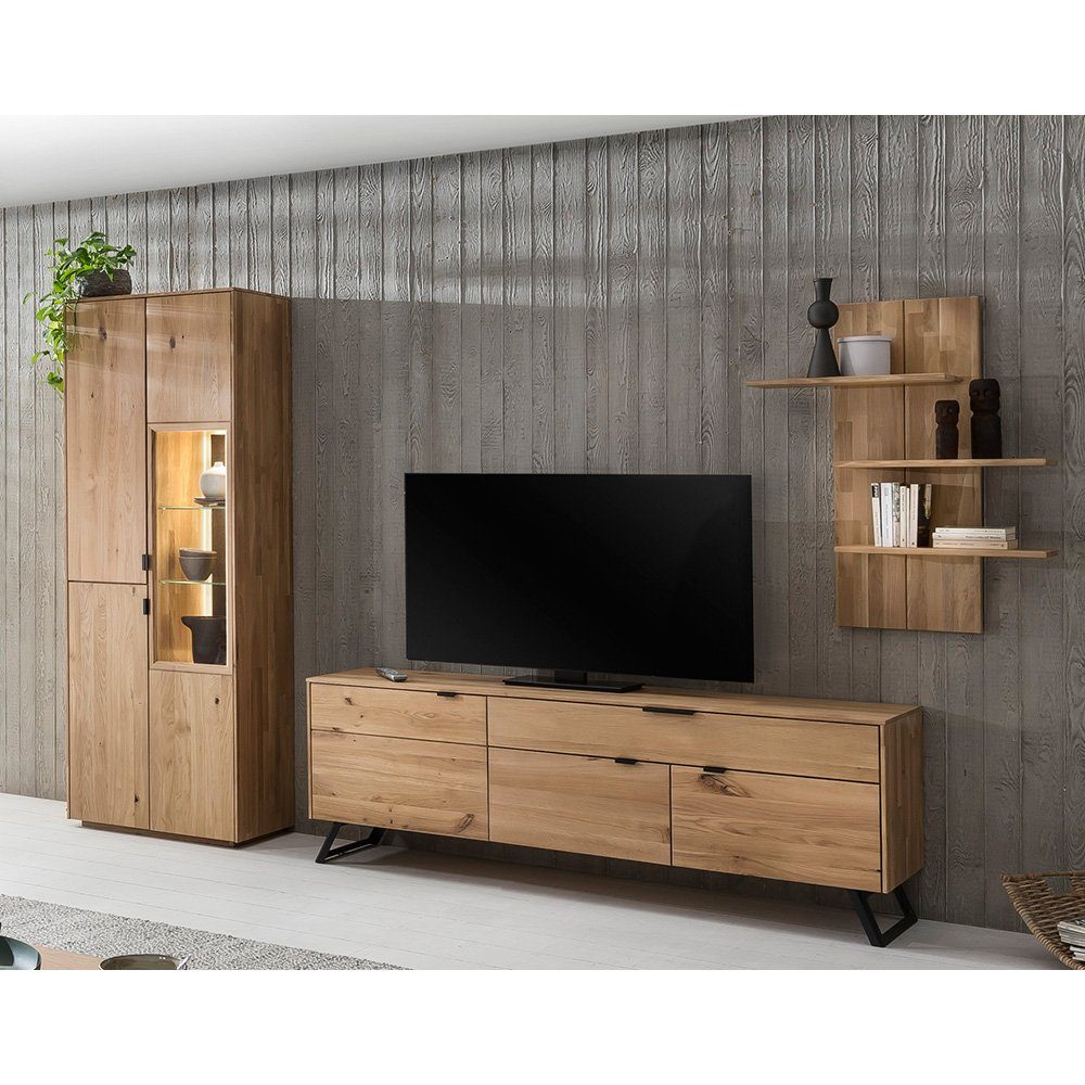 Massivholz und LESKO-52, Eiche Steinrückwand bianco Set mit geölt Lomadox Beleuchtung TV-Wand (3-tlg),