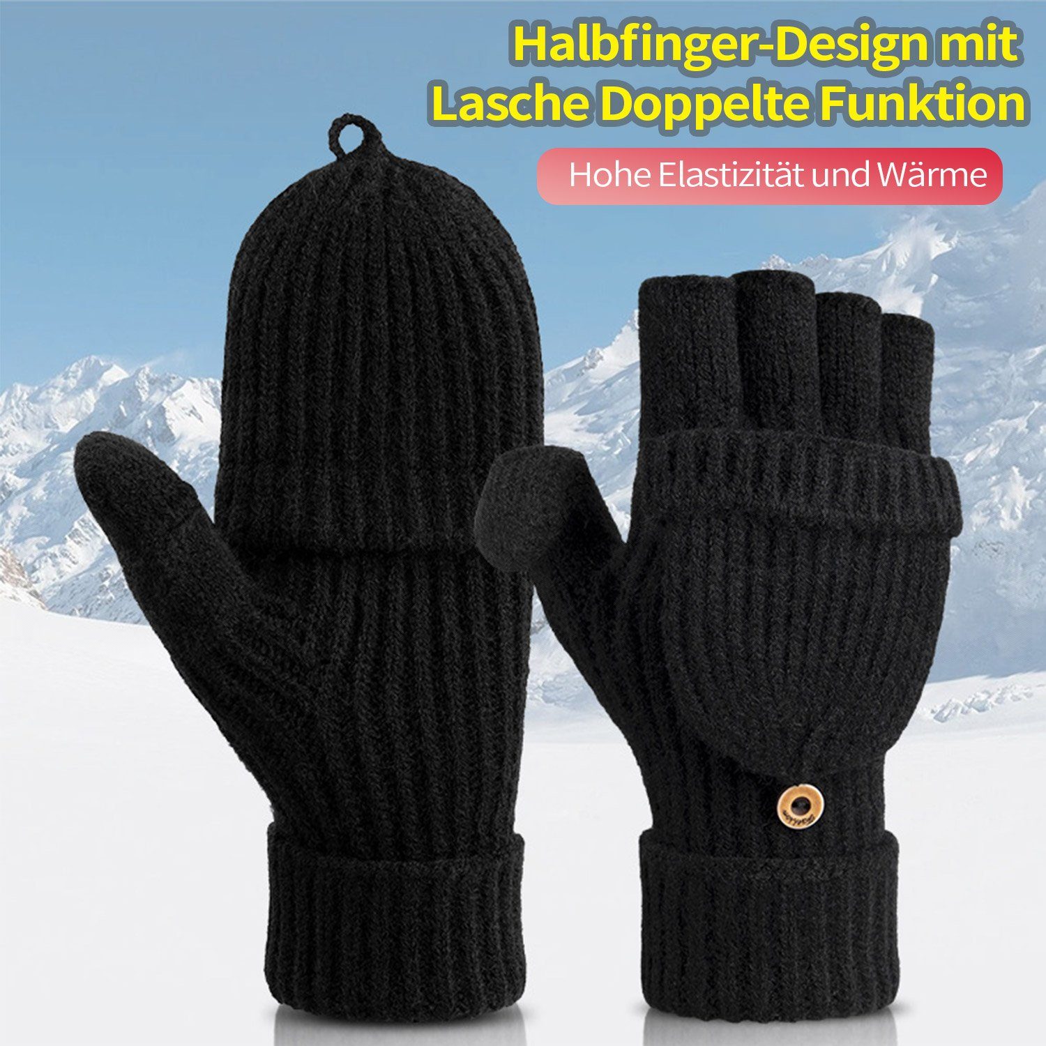 Daisred Baumwollhandschuhe Winterhandschuhe Damen halbe Herren Strick Schwarz Handschuhe