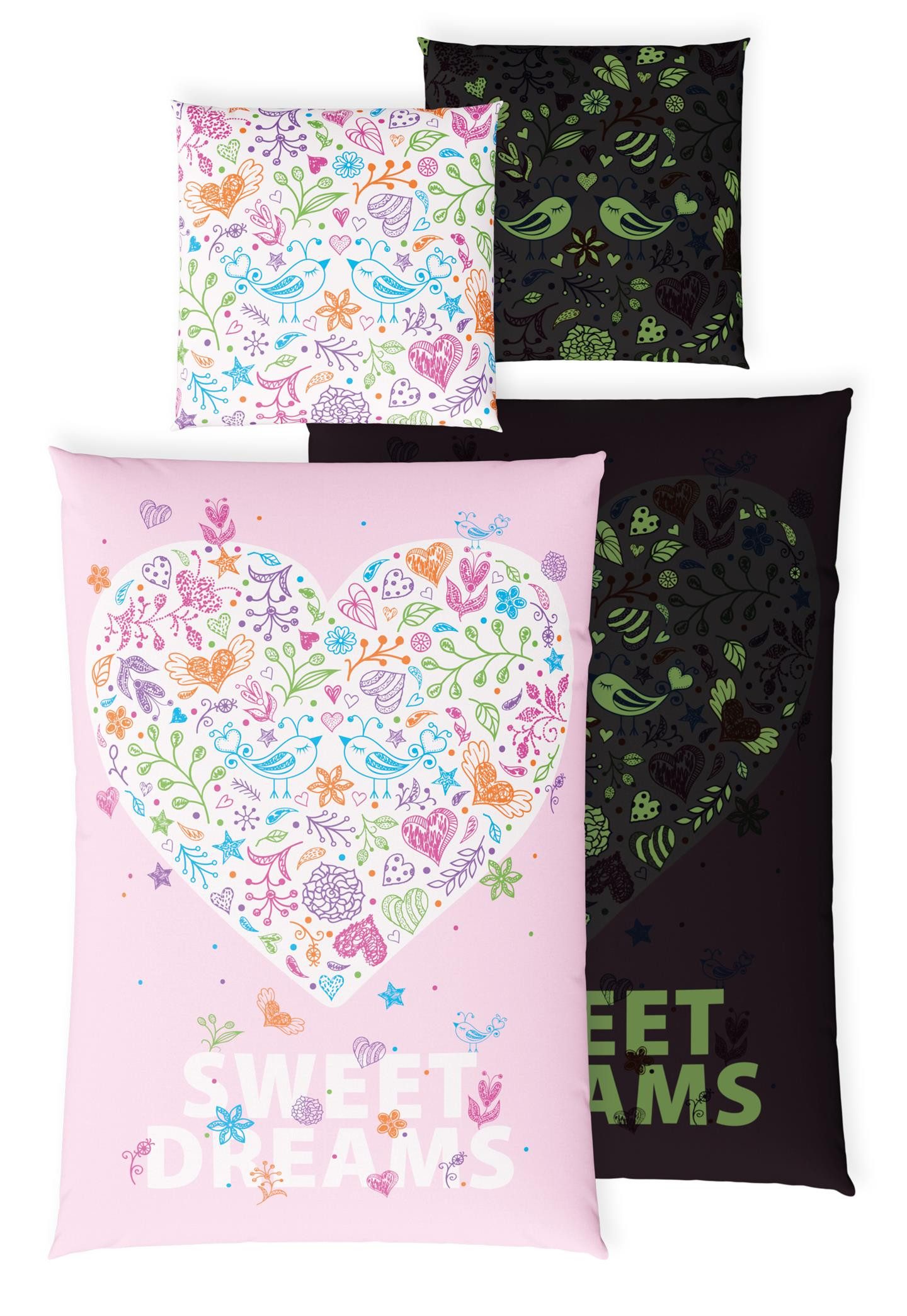 Kinderbettwäsche 135x200 - Leuchtende Bettwäsche für Mädchen rosa – Herz & Blumen