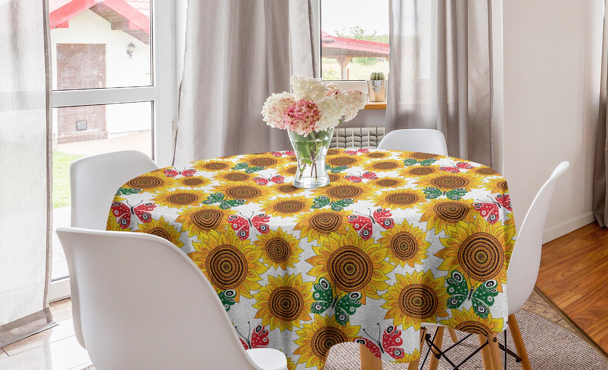 Abakuhaus Tischdecke Kreis Tischdecke Abdeckung für Esszimmer Küche Dekoration, Blumen Schmetterlinge und Sonnenblumen