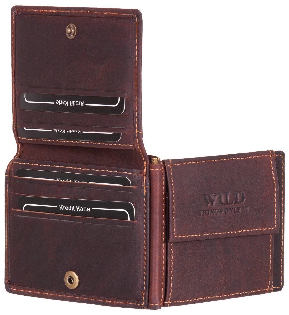 RFID-Schutz Geldclip Leder Portemonnaie Münzfach Geldbeutel braun Echt STREET mit Geldbörse, BAG Geldklammer