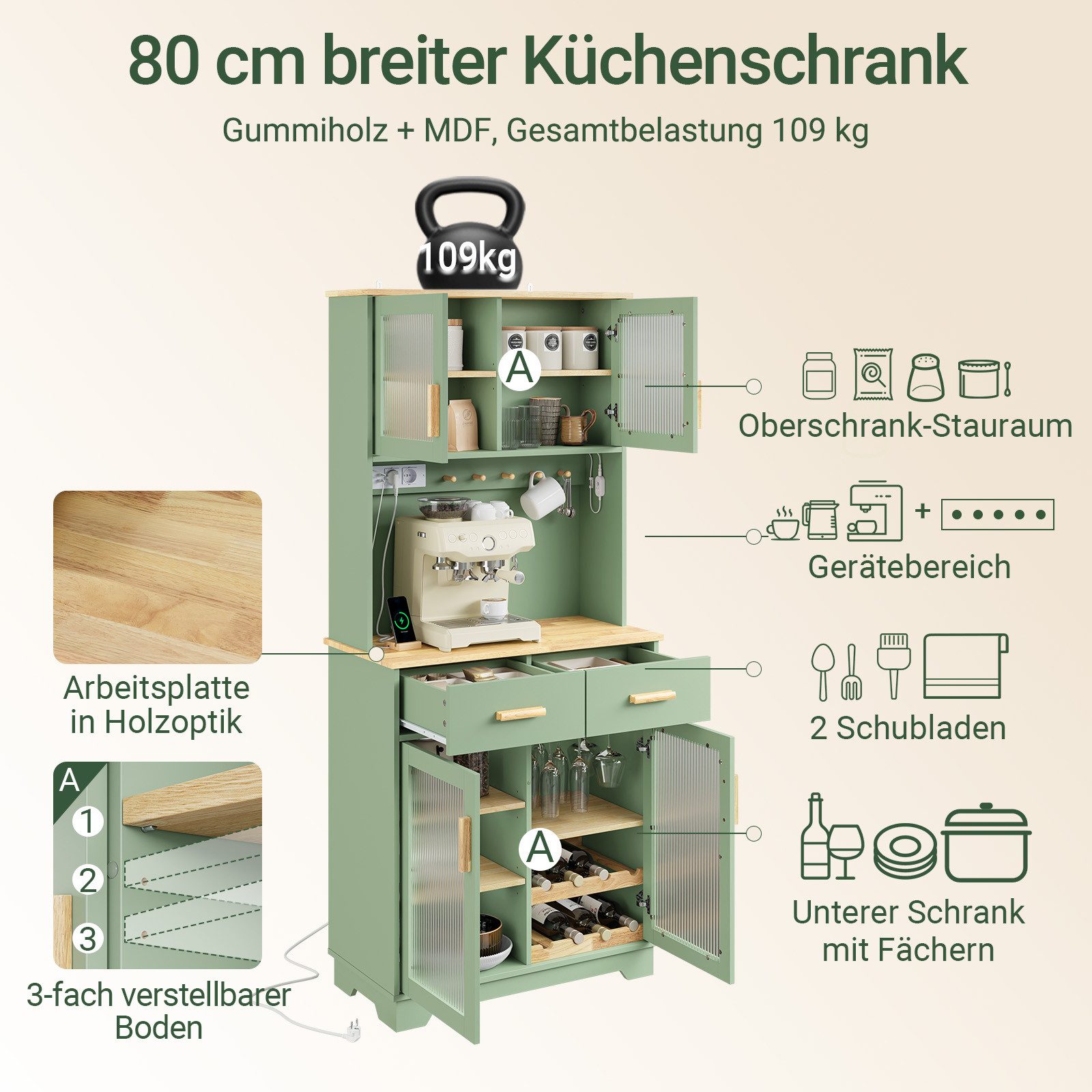 SoBuy Hochschrank FSB108-E, Küchenbuffet mit Arbeitsplatte, Vitrinenschrank mit LED (1er Set) Grüner Schrank mit LED, Steckdosen und USB-Anschluss für Küche