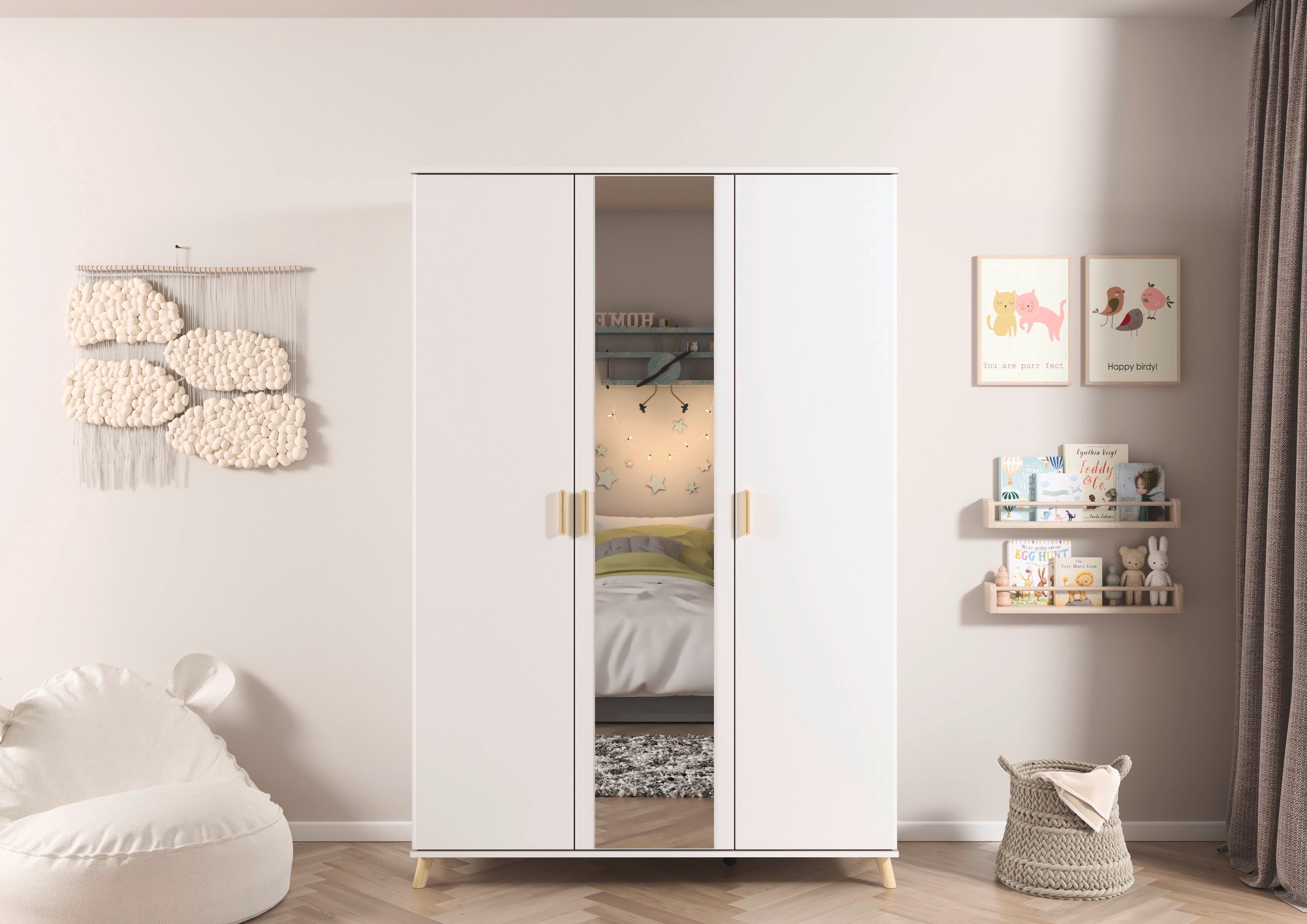 rauch Kleiderschrank Skandi Kinderzimmer Schlafzimmerschrank FALUN (Breite 137/182, Höhe 203 cm) im modernen Skandi-Look, Füße/Griffe Eiche massiv MADE IN GERMANY