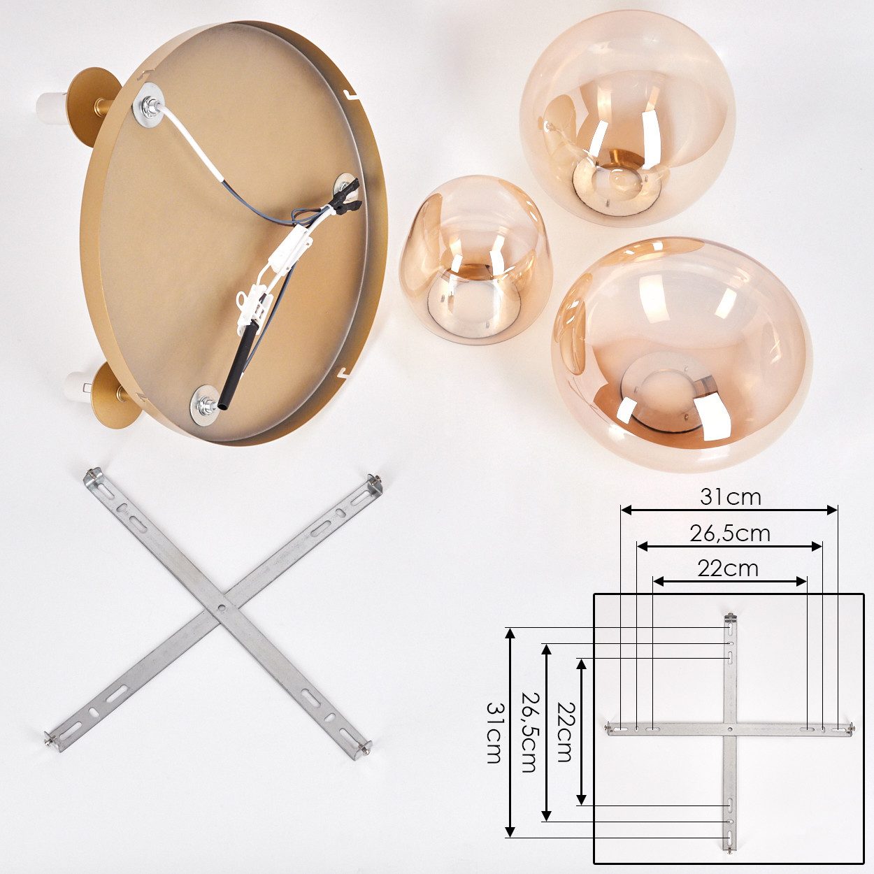 hofstein Deckenleuchte Deckenlampe aus Metall/Glas in Goldfarben, ohne Leuchtmittel, Glasschirme (19,5 cm; 22 cm; 14 cm), 3 x E14, ohne Leuchtmittel