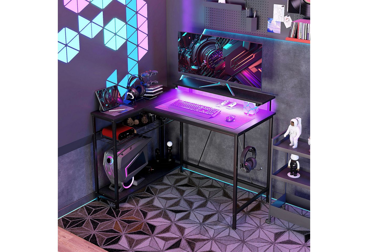 HOMCOM Computertisch Schreibtisch L Form USB Umkehrbar Gaming Tisch für Büro (Set, 1-St., 1 Tisch), Mit LED, Steckdosen, Stauraum