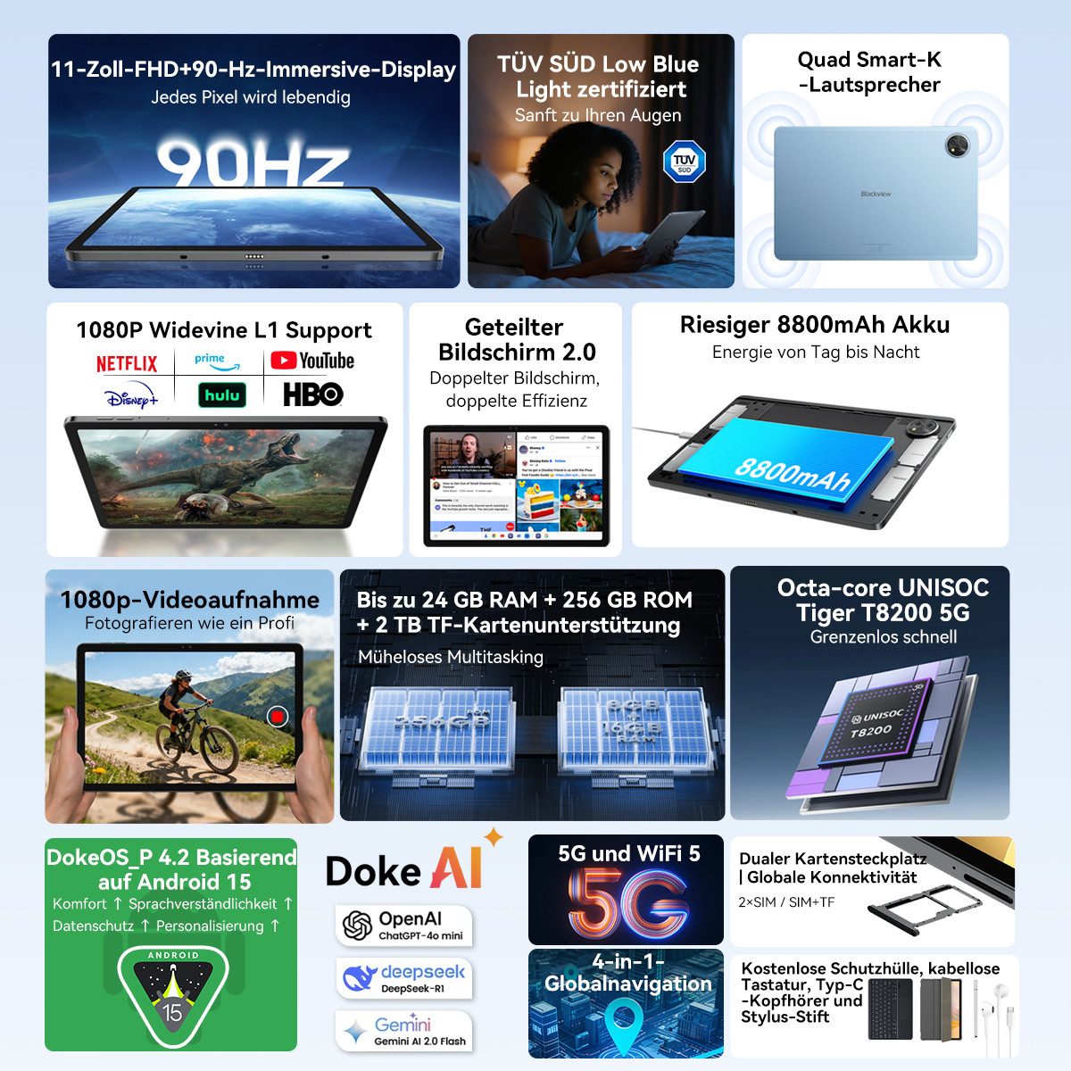 blackview 11" Zeno10 5G WiFi und 5G/4G LTE 8800mAh Akku KI Tablet (11", 256 GB, Android 15, 4G LTE, 5G, 11", 5G WiFi, 4G LTE/5G, 90Hz, Android 15, 13MP+16MP, Tiger T8200)