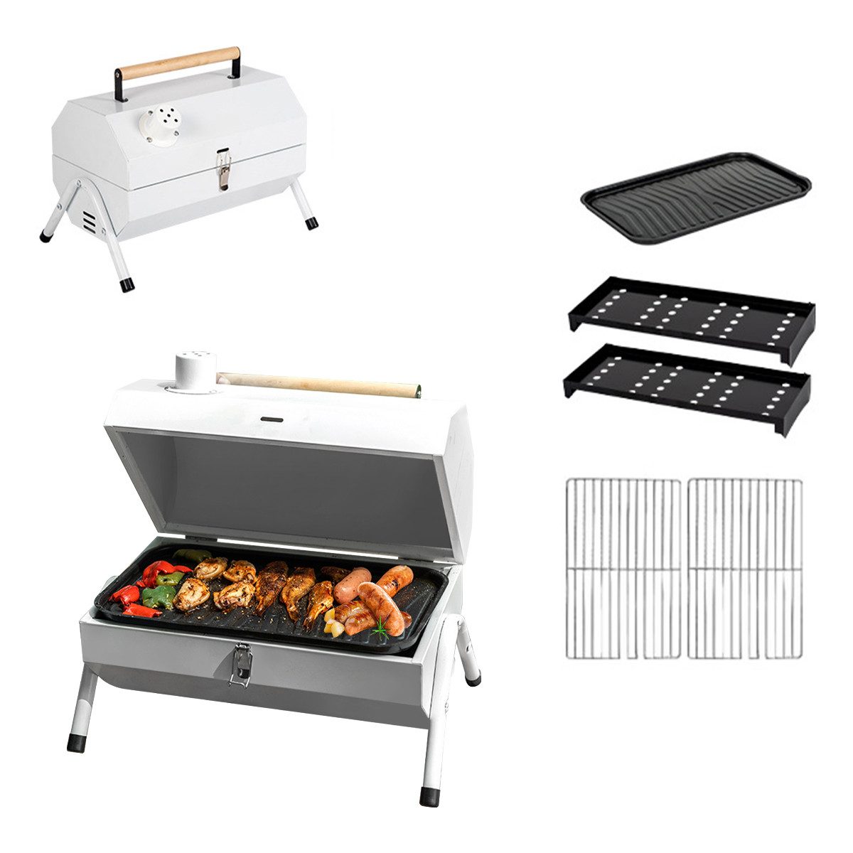 DAKYAM Holzkohlegrill Doppelt Grillfläche, Campinggrill, Dreieckige Stütze, Doppelgrillfläche, ein hochwertiges Backblech