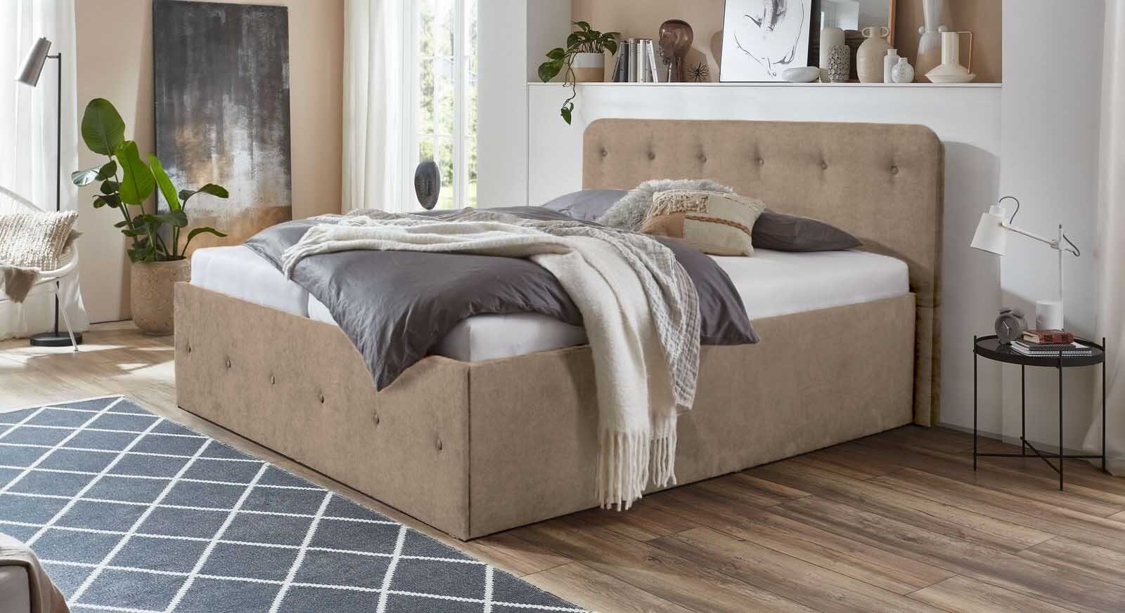 Halmon Schlafkomfort Betten Bett Luxi, Schöne Kopfteilpolsterung mit Knopfheftung und eine Höhe von 100 cm Beige | Bettgestelle