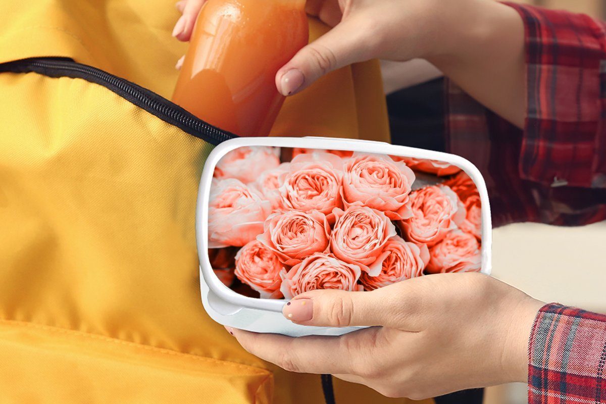 für weiß Brotdose, für - Blumenstrauß Kunststoff, Erwachsene, Rosa, und Rosen Kinder MuchoWow Lunchbox (2-tlg), und Mädchen Brotbox Jungs -