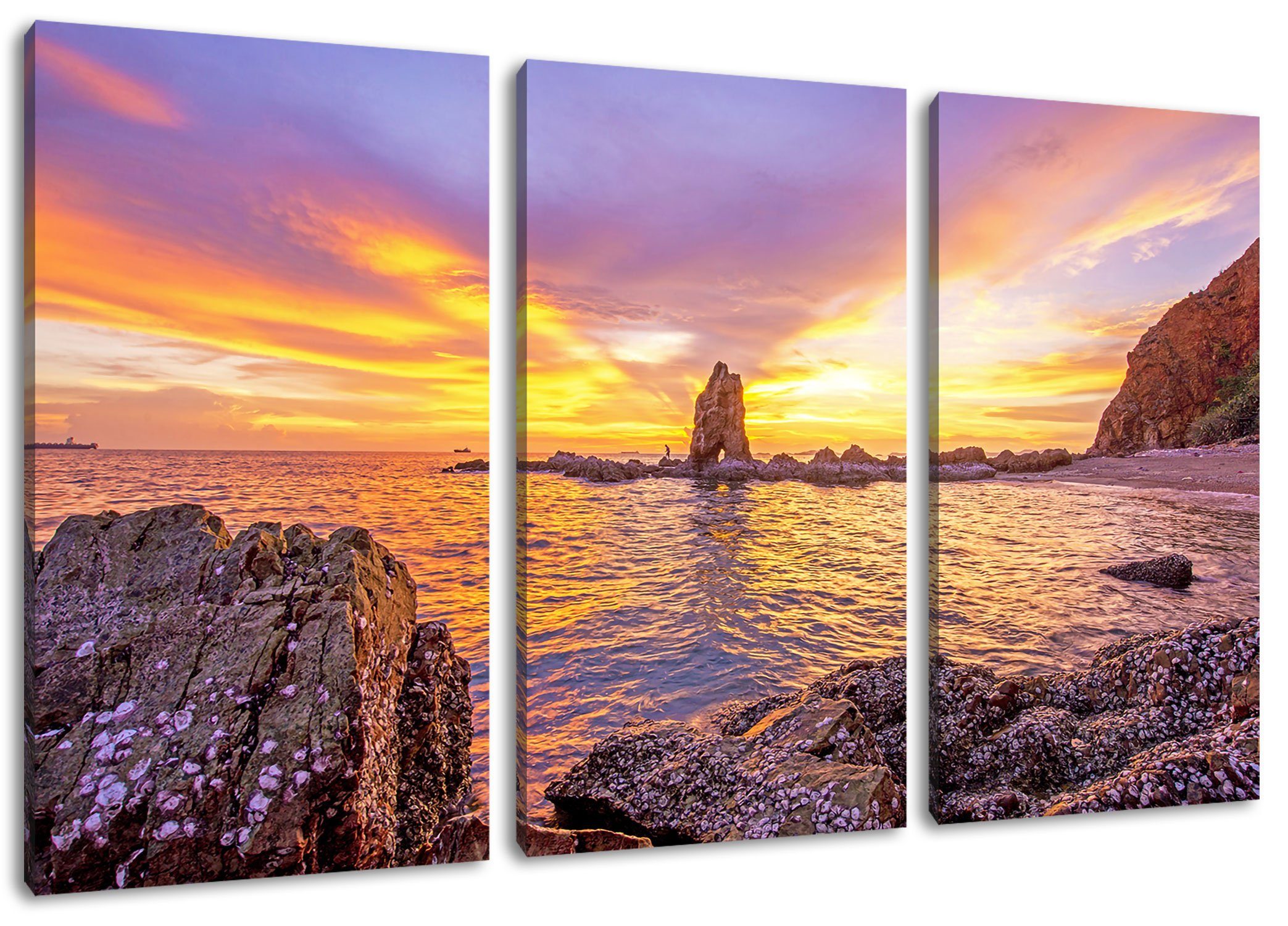 Pixxprint Leinwandbild Küstenlinie mit Sonnenuntergang, Küstenlinie mit Sonnenuntergang 3Teiler (120x80cm) (1 St), Leinwandbild fertig bespannt, inkl. Zackenaufhänger