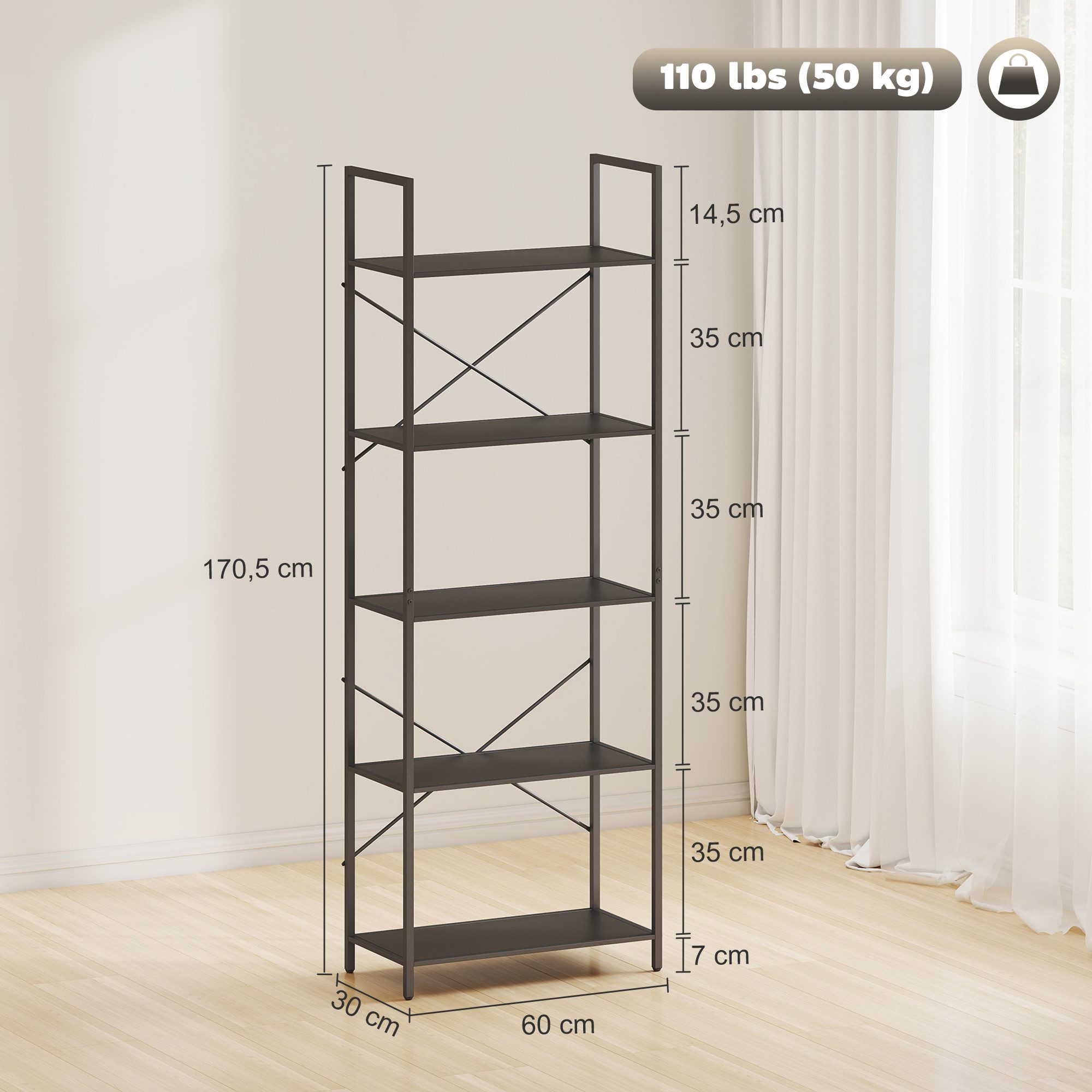 HOMCOM Bücherregal Industrielles Büroregal mit Metallrahmen, offenes Standregal, Standregal mit 5 Ebenen 1-tlg., für Wohnzimmer, Büro, Arbeitszimmer, 60x30x170, – Bild 3 von 5
