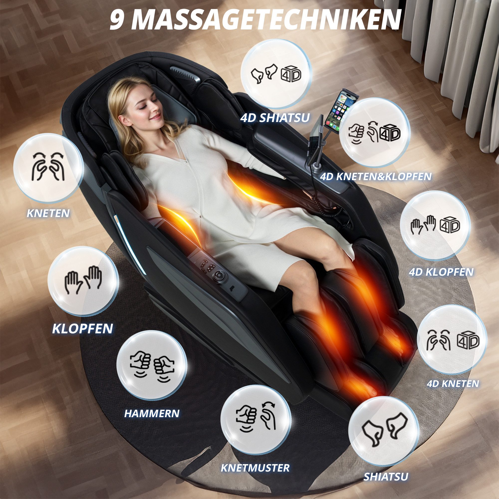 HealthRelife Massagesessel Luxuriöser Entspannungsstuhl, 15 Massage-Modi, Yoga-Stretching (1-St), 55 Zoll SL-Track