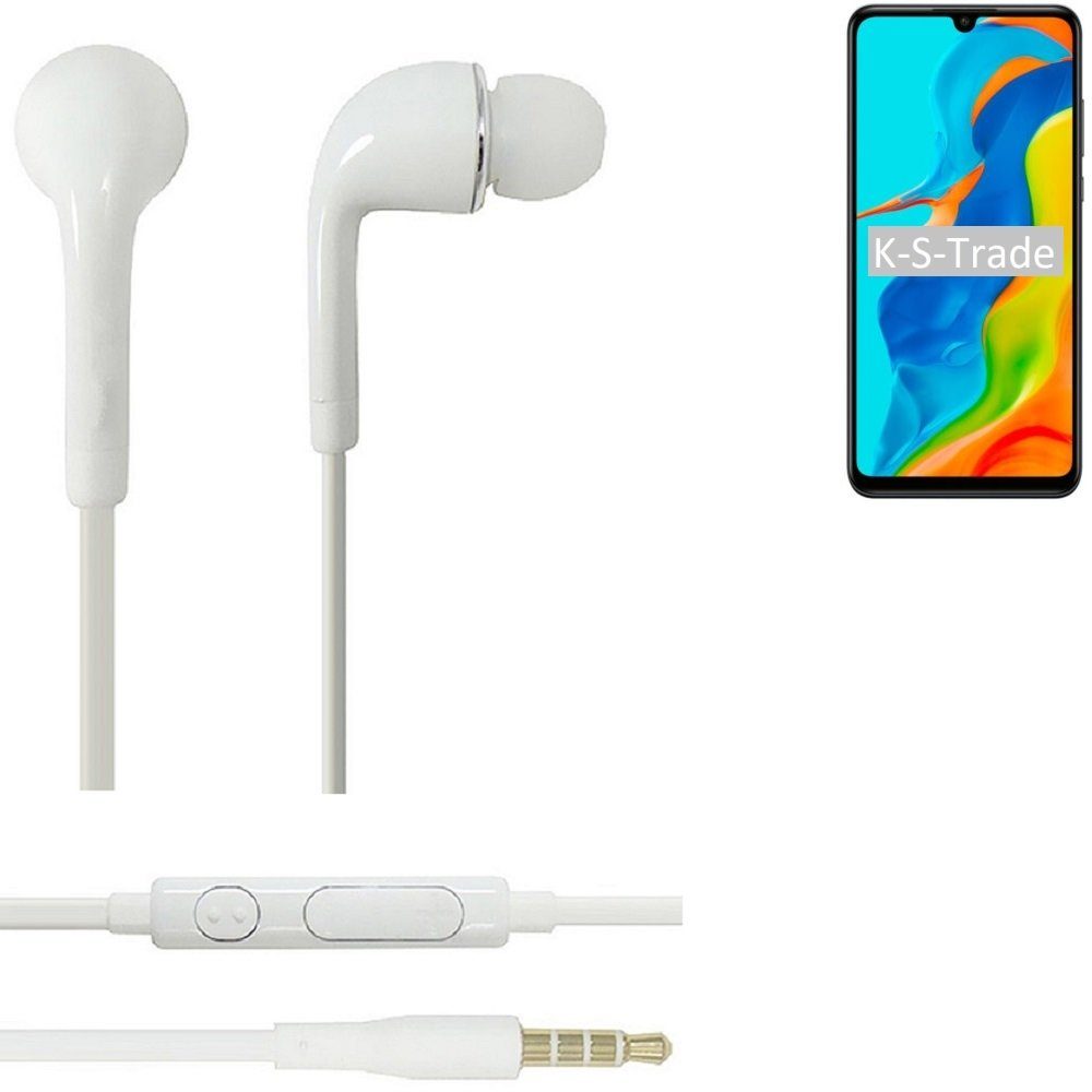 K-S-Trade für Huawei P30 lite New Edition In-Ear-Kopfhörer (Kopfhörer Headset mit Mikrofon u Lautstärkeregler weiß 3,5mm)