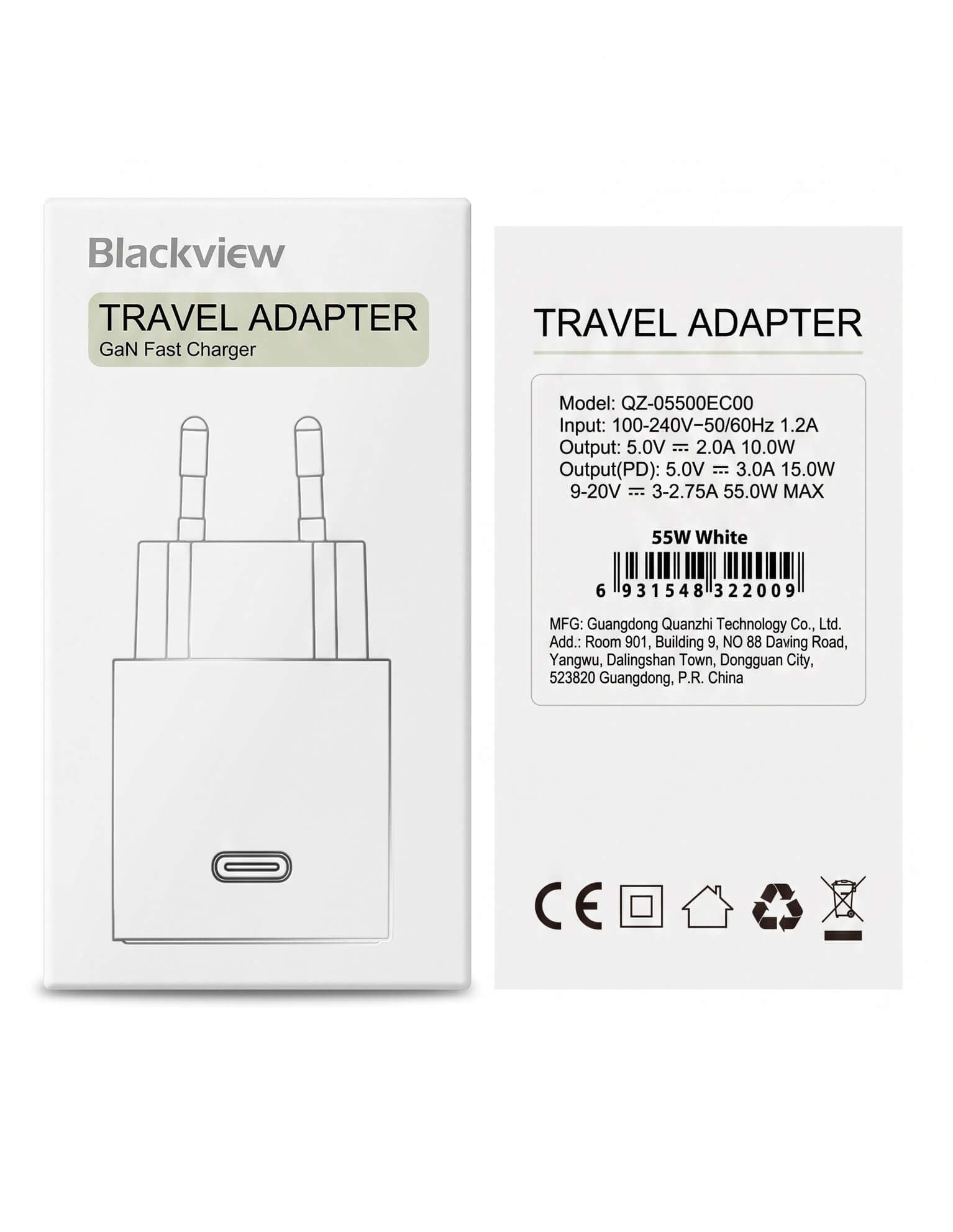 blackview 55W Fast Charger Schnelllade-Netzteil Weiß für Active 10 Plus Universal-Netzteil (55W GaN-Technologie, Power Delivery, Reisedesign, CE-Sicherheit, Weiß)