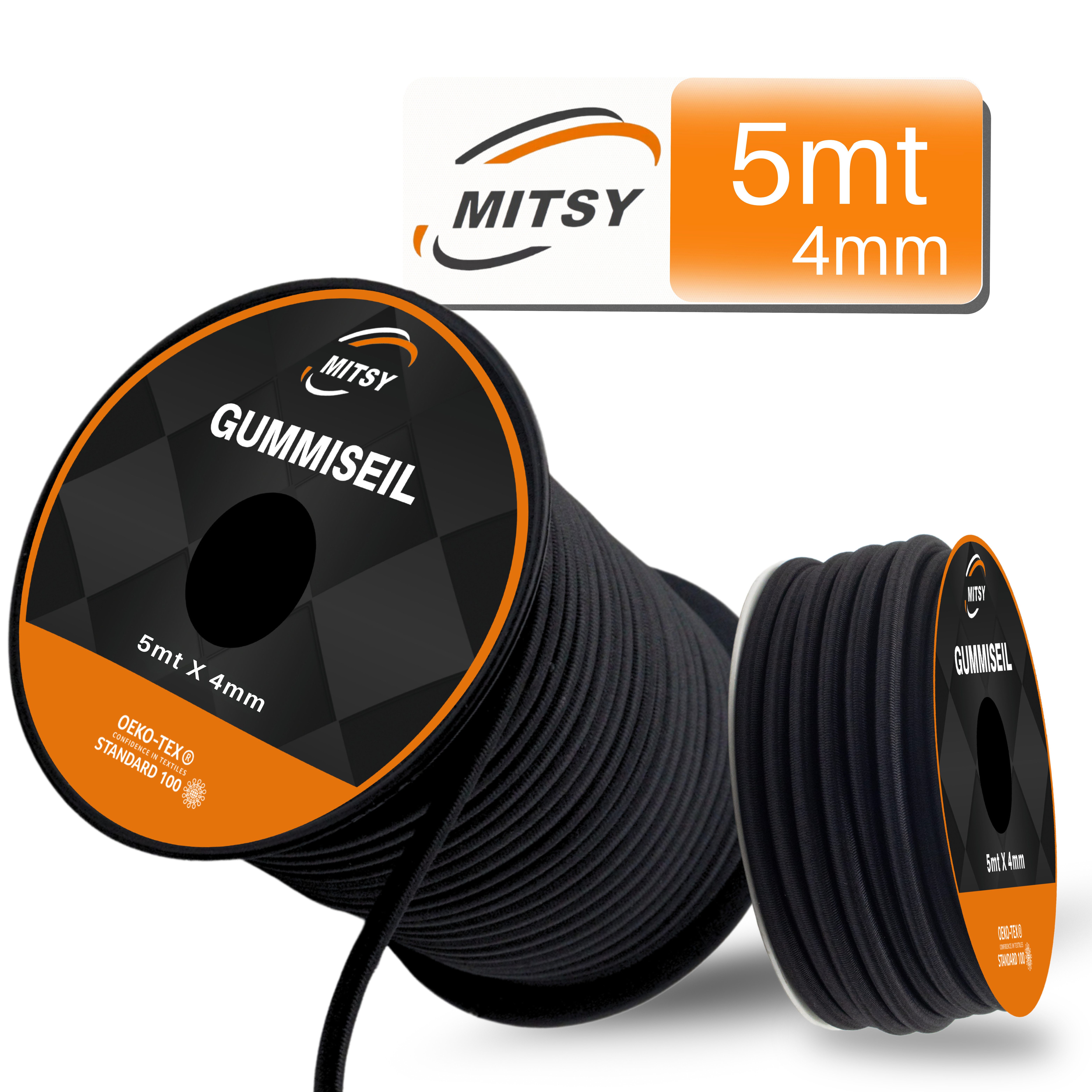 MITSY Spanngurt Gummiseil 4/5/6/8 mm Expanderseil 5/10/20/30 m Wetterfest Schwarz (Robust & Reißfest) 80 % Dehnung, OEKO-TEX® Standard 100 Zertifikatsnummer: 2019OK0492