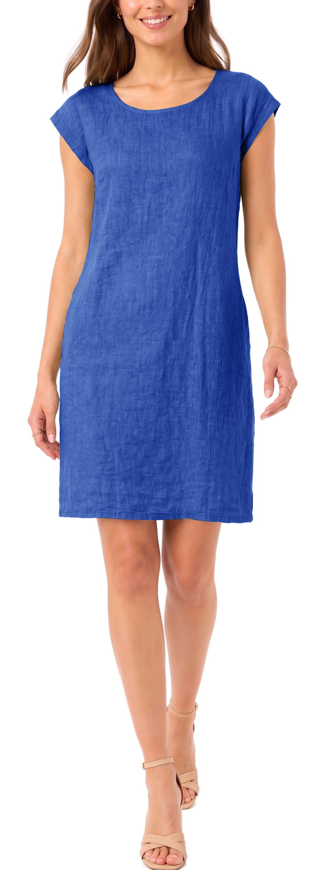 dy_mode Midikleid Einfarbiges Damen Leinenkleid Sommerkleid Kurzarm Midi Kleid in Unifarbe, mit Eingriffstaschen, leicht taillierte Passform – Bild 3 von 5
