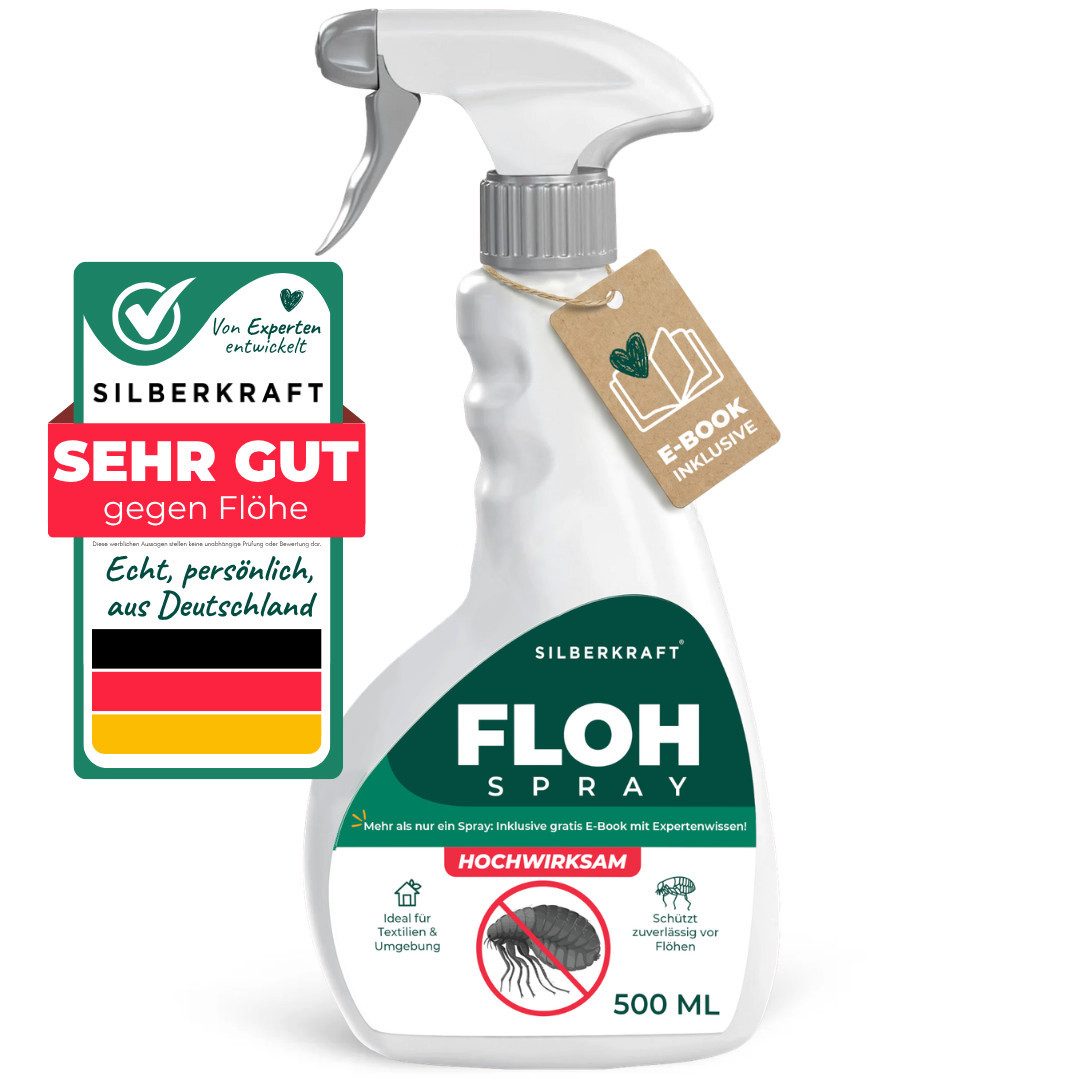 Silberkraft Insektenspray Flohspray Textil & Umgebung 500 ml inkl. E-Book, Als Umgebungsspray: gezielte Anwendung für eine flohfreie Umgebung, 1-St., Inklusive E-Book mit Tipps zur Vorbeugung & Bekämpfung von Flohbefall, Abwehr von Flöhen in der Umgebung: Textilien, Schlafplätze & Wohnräume
