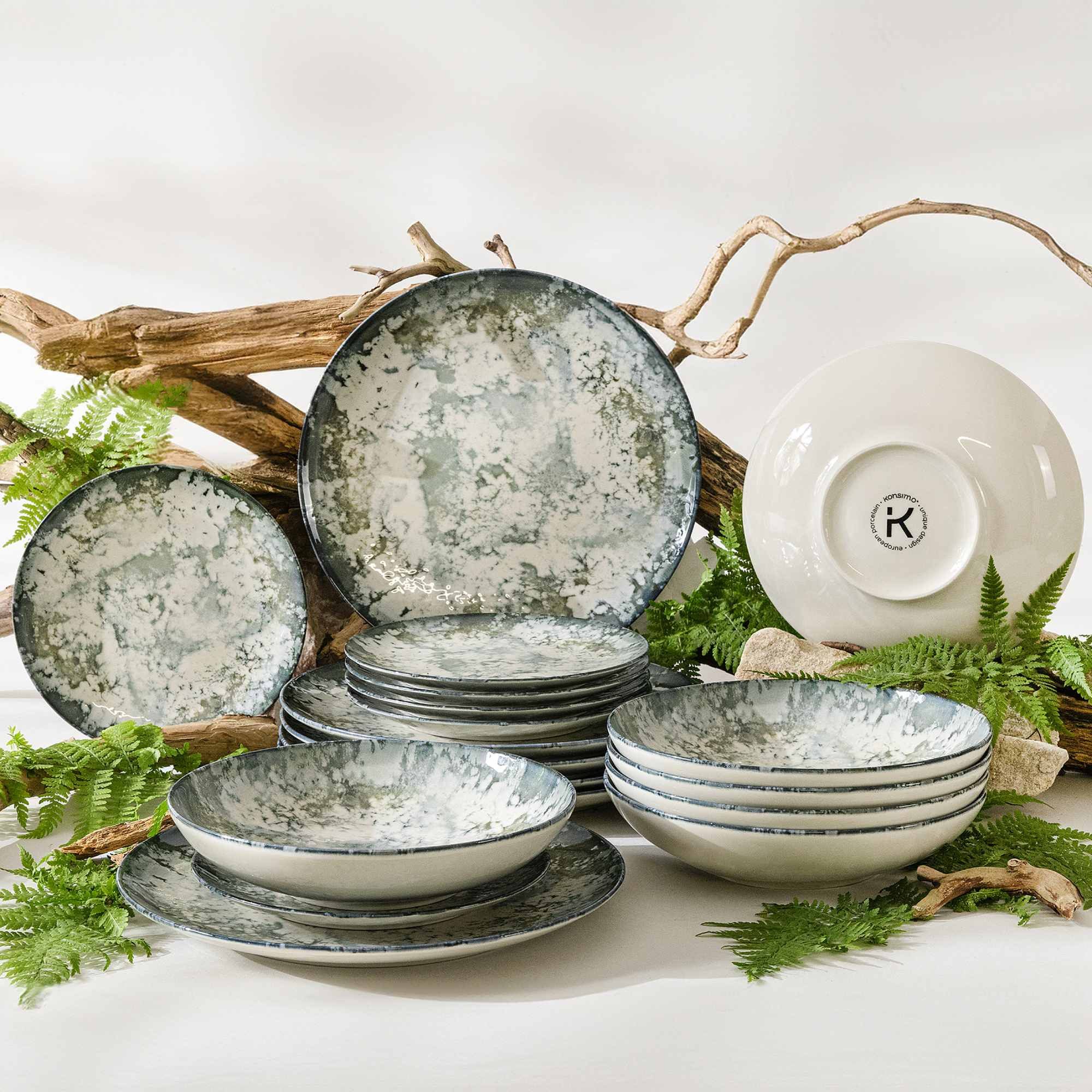 KONSIMO® Tafelservice FINGO Geschirr-Set, hergestellt in der EU, (18-tlg), 12 Personen, Porzellan, spülmaschinengeeignet, mikrowellengeeignet, Rundform, Hartporzellan