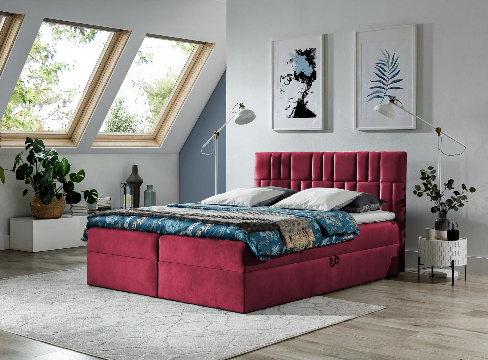 JVmoebel Boxspringbett Rotes Boxspringbett mit Stauraum und luxuriösem Velvet (1-St)