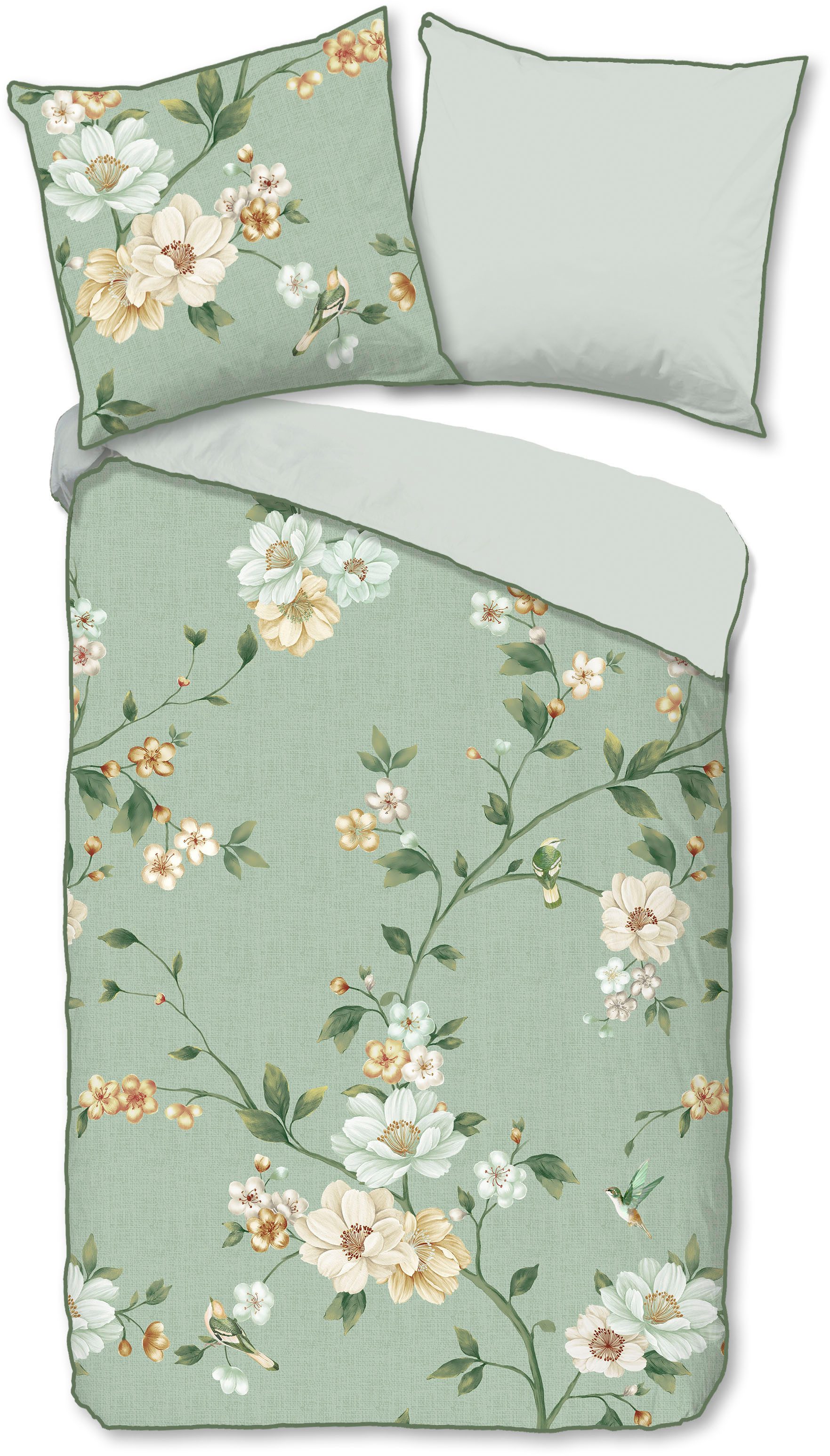 Descanso Wendebettwäsche Sizena, Mako-Satin, Renforcé, Satin, 2 teilig, Satin, Reißverschluss, Paspel, Biese, Wendeoptik, Luxe, Blumen, grün