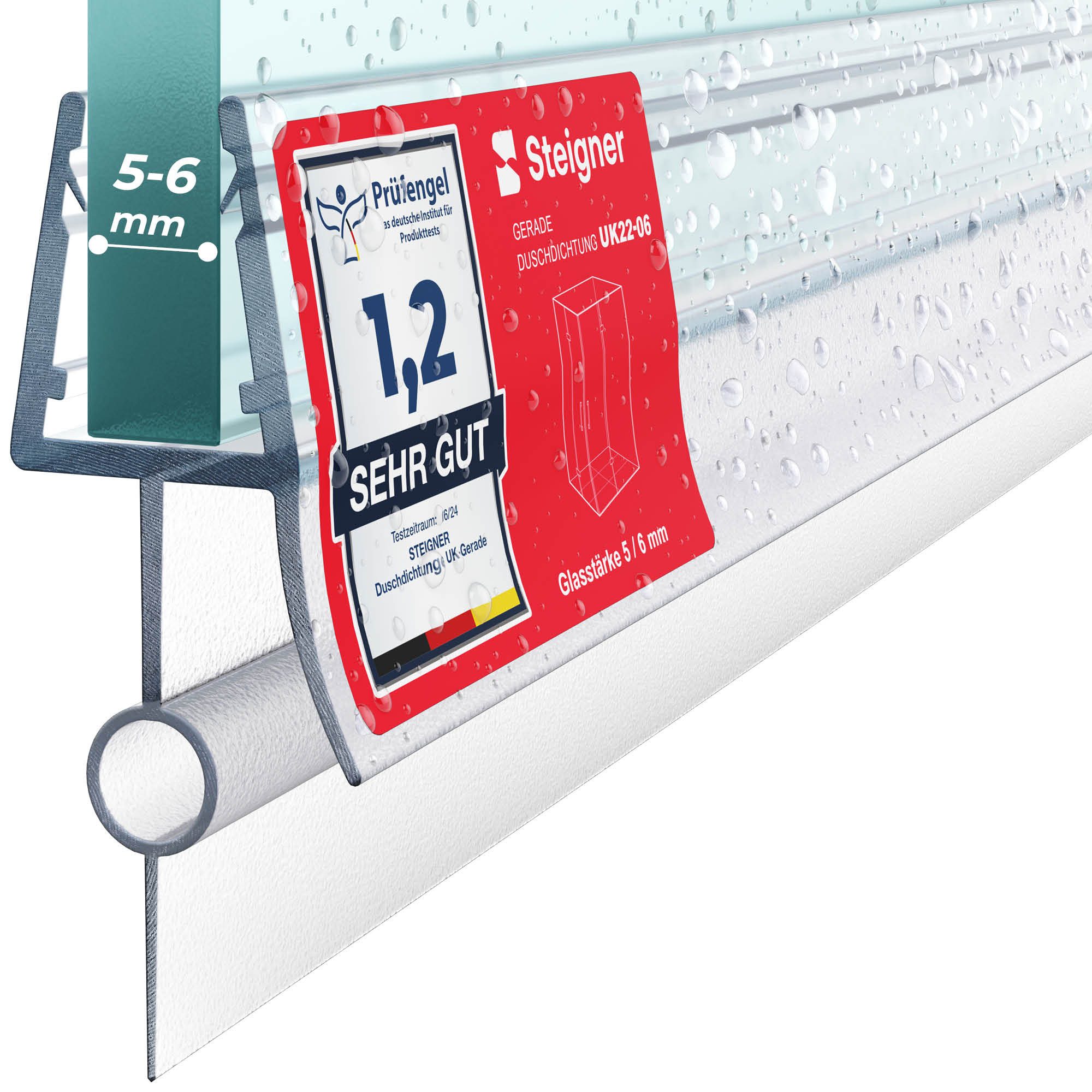 STEIGNER Duschdichtung Duschtürdichtung Gerade UK22-06 30 cm (1 Stk) Transparent 5-6 mm, L: 30 cm, (1 Stück Packung, Einzeldichtung), Dichtung für Eckeinstieg Dusche oder Fünfeckdusche mit Duschtür