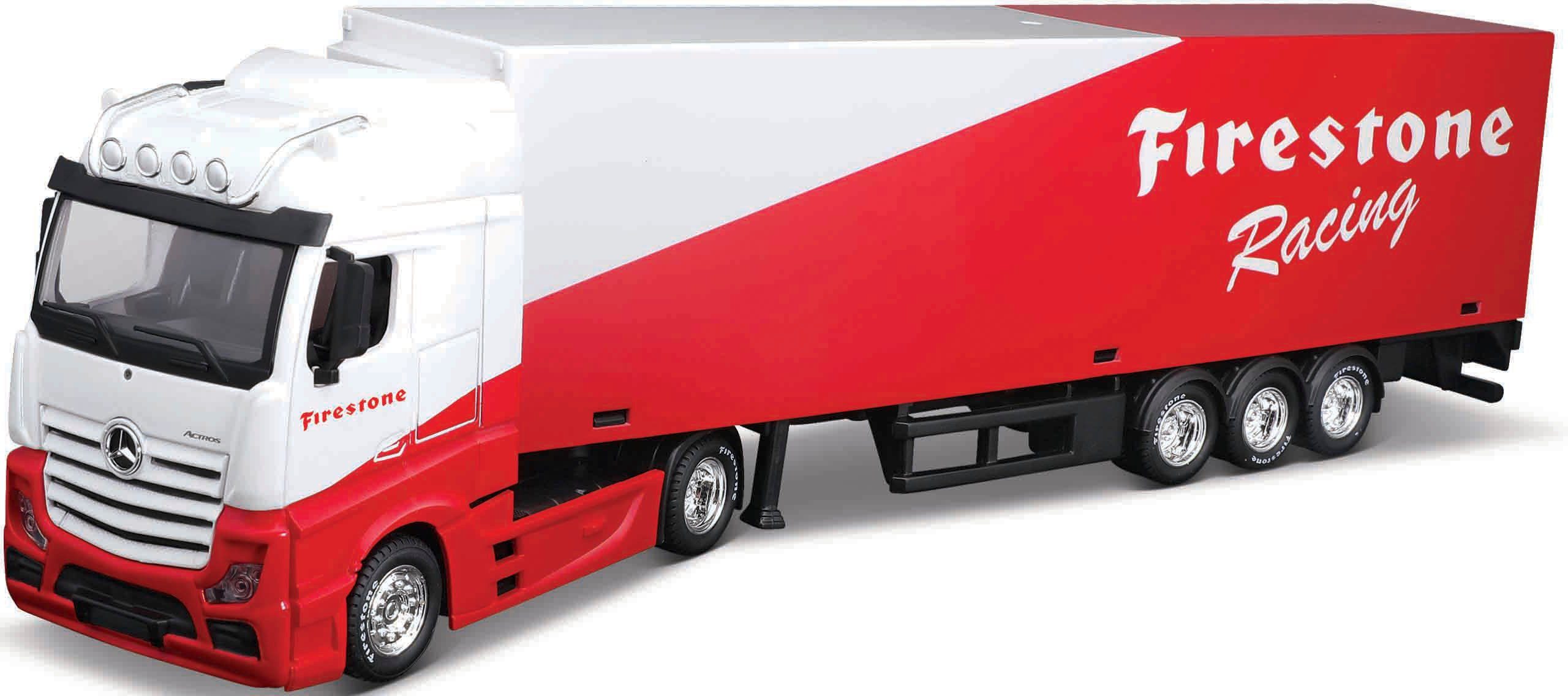 Bburago Sammlerauto Streetfire MB Actros mit Aufleger Firestone, Maßstab 1:43