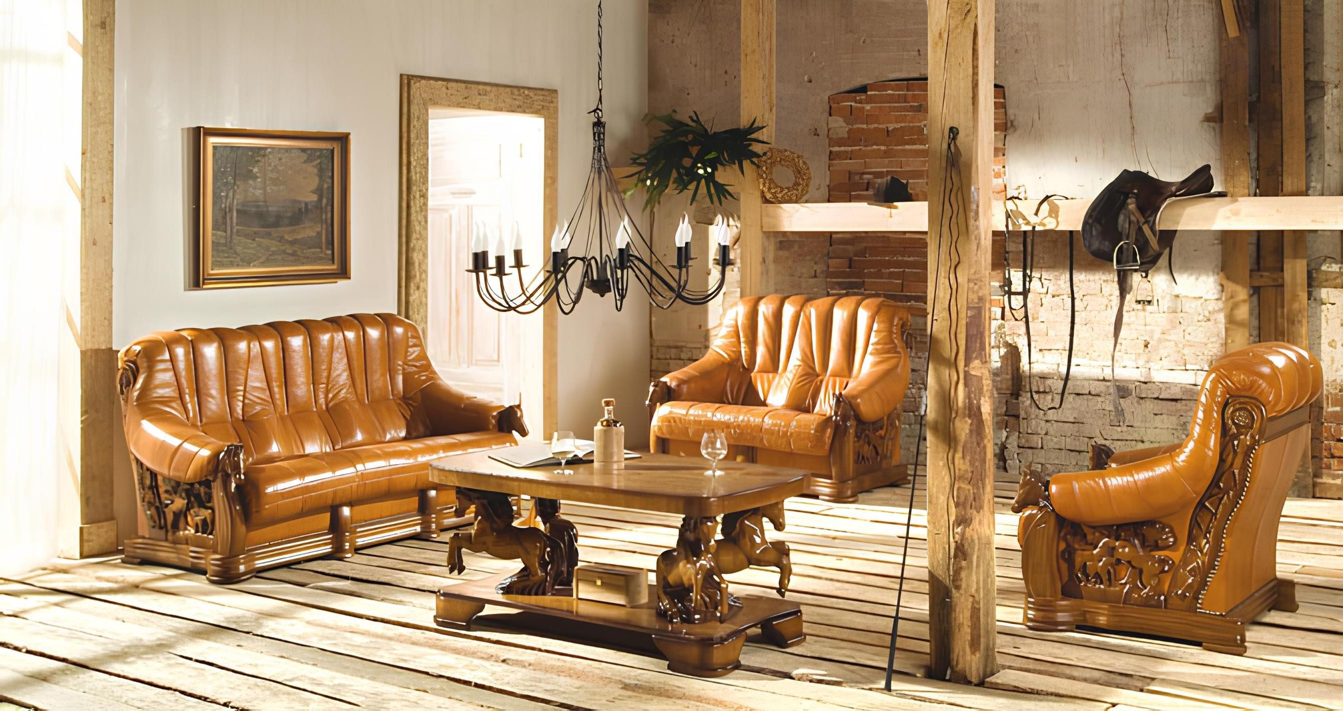 Xlmoebel Polstergarnitur Klassisches Sofa-Ensemble aus Leder und Holz mit hohem Komfort, (3-tlg., Sofagarnitur 3+2+2 Sitzer 4069424760170), Hergestellt in Europa