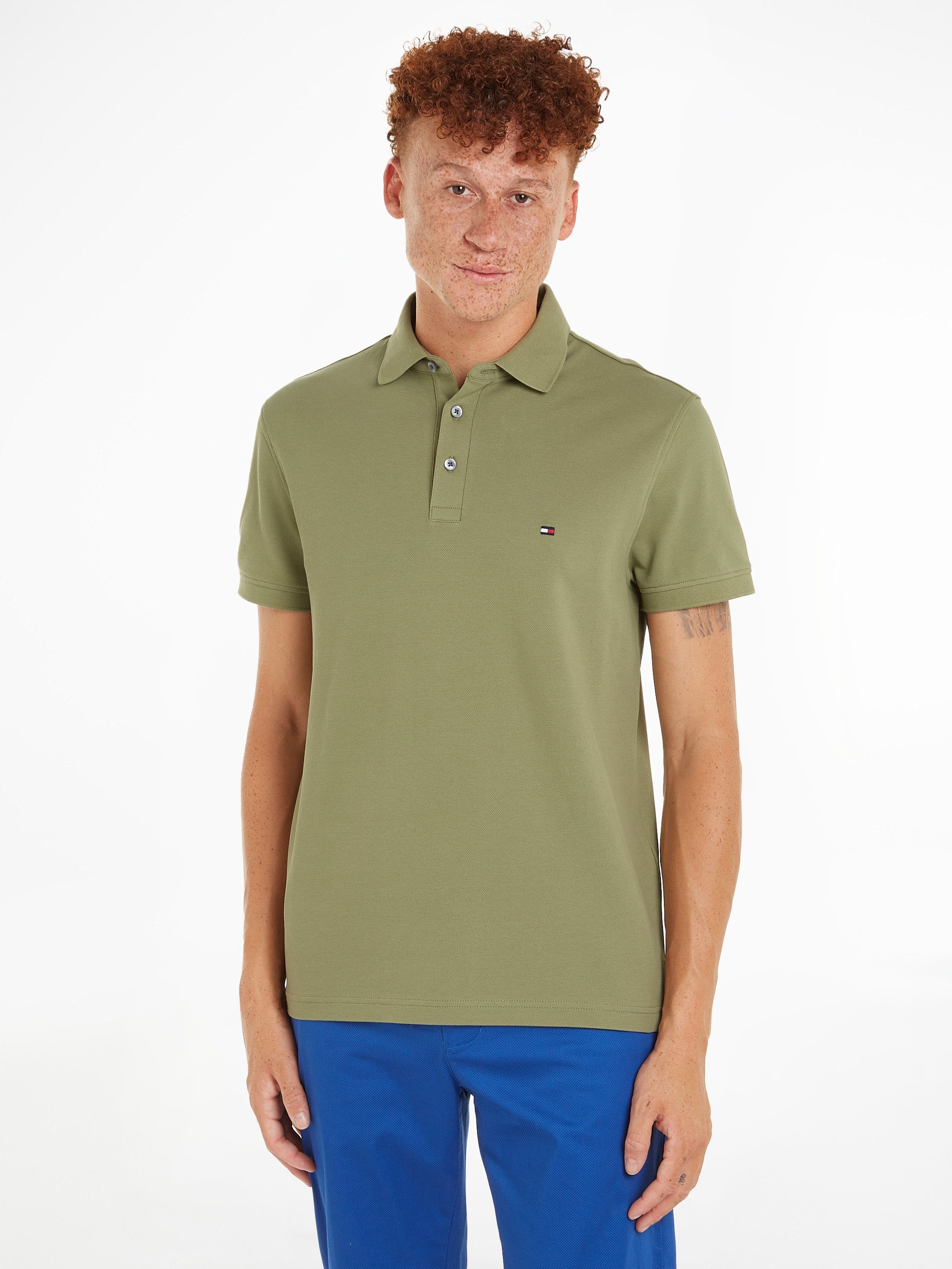 Logostickerei Hilfiger 1985 SLIM POLO Poloshirt Faded Tommy Olive mit