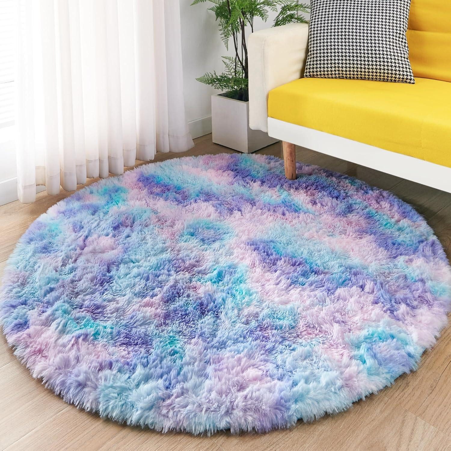 ROHATIM Kinderteppich Plüsch Teppich Rund Flauschiger Wohnzimmer Mädchen 100x100cm
