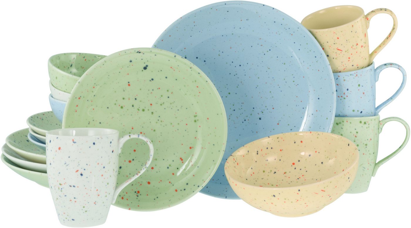 CreaTable Kombiservice Confetti, Kombi-Service 16-tlg. (16-tlg), 4 Personen, Steinzeug, Unregelmäßige bunte Punkte, Gute Laune Geschirr, Frisch, Freundlich