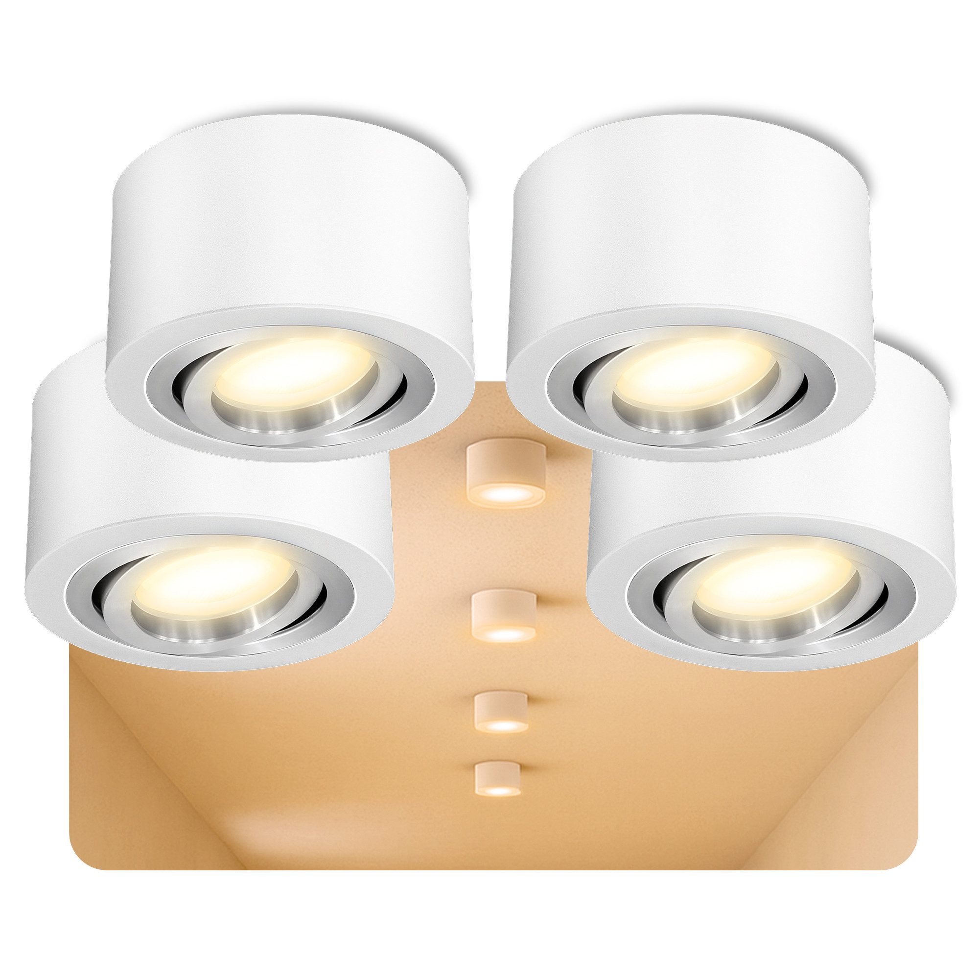 SSC-LUXon LED Aufbaustrahler LANTI Aufbauspot weiß silber Innenring mit LED Lampe 4W warmweiß, Warmweiß bis Tageslicht