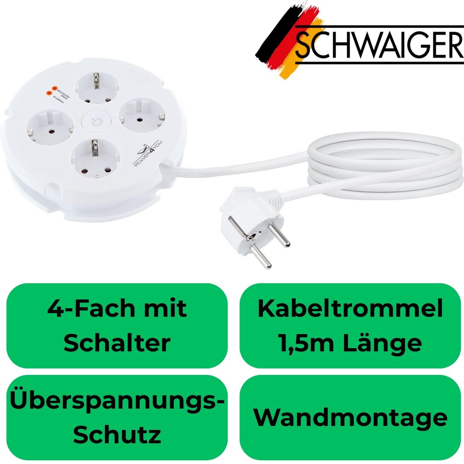 Schwaiger Mehrfachstecker 4-Fach mit Schalter 1,5m Rund Steckdosenleiste 4-fach (Überspannungsschutz, Kabellänge 1.5 m), Kabeltrommel Überspannungsschutz Schalt – Bild 2 von 4