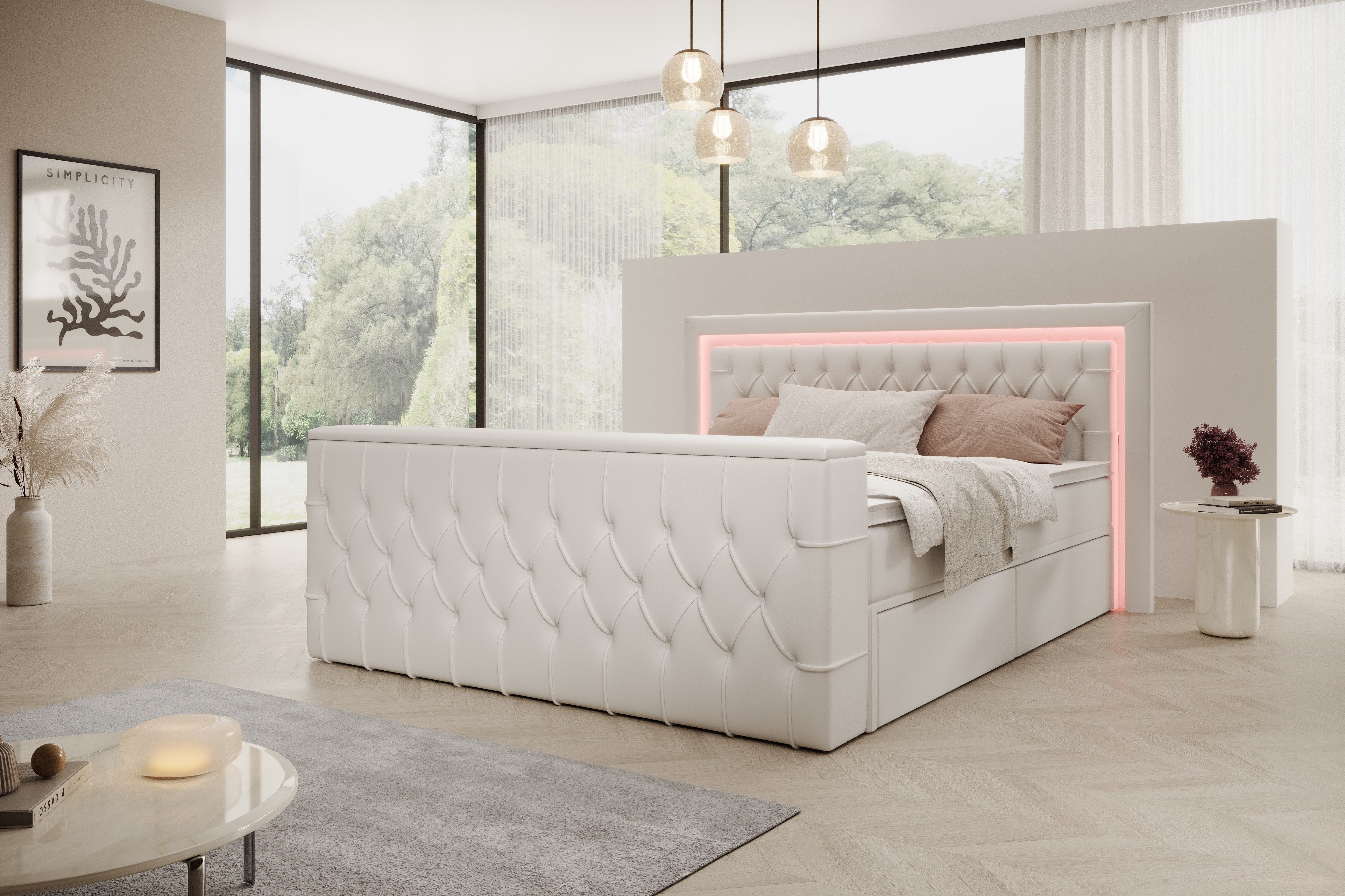 PROMETO Möbel Boxspringbett Doppelbett 180x200 mit Matratze, Schubladen TV-Lift LED Beleuchtung, inkl. 7-Zonen-Taschenfederkernmatratze, TV-Lift im Fußteil, Topper