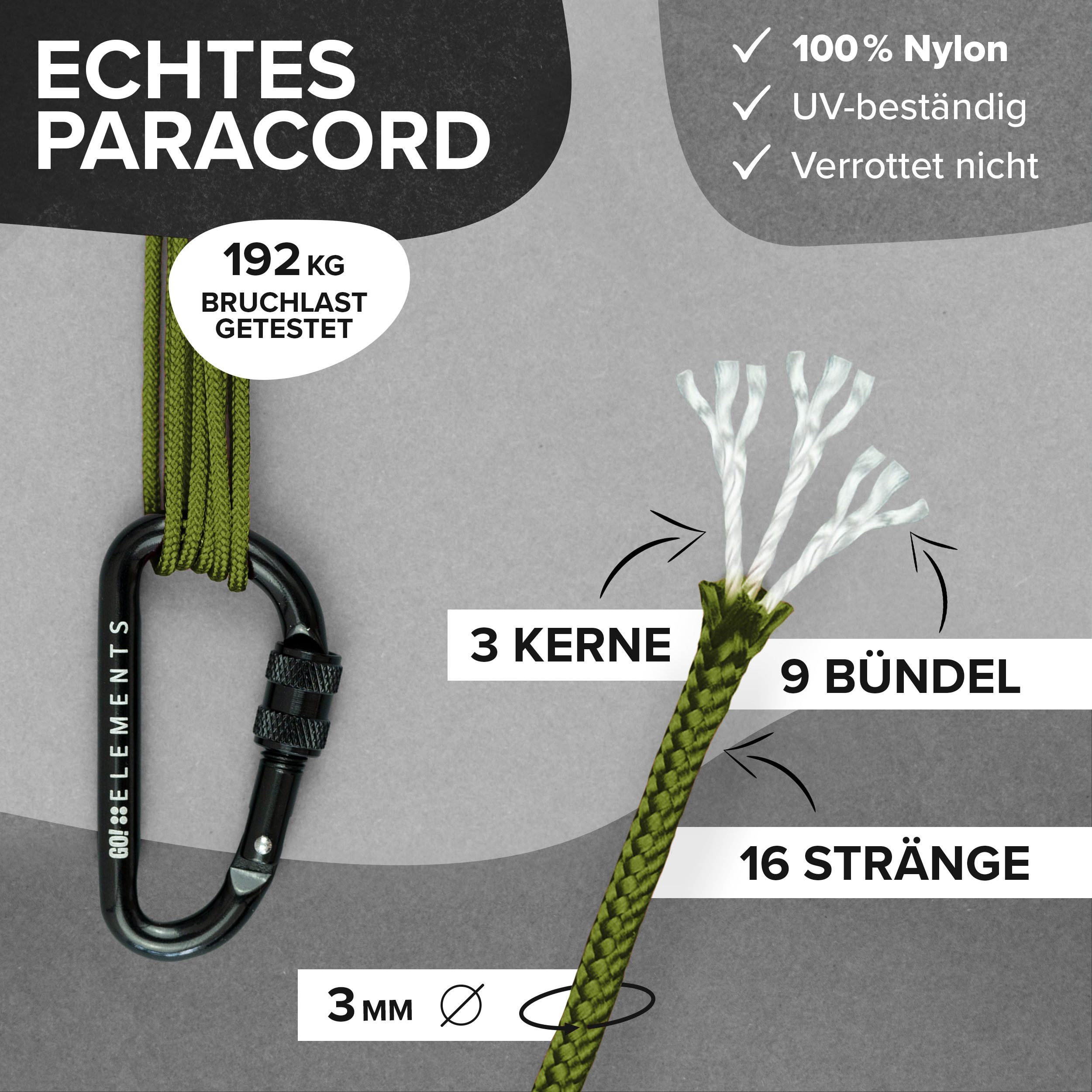 GO!elements Paracord 425 - 3mm Abspannleine, Paracord 425 aus reißfester Nylonschnur