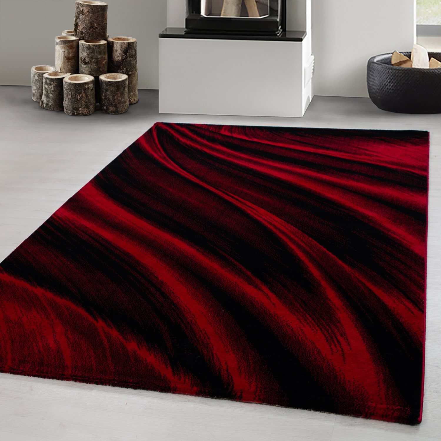 Designteppich Abstrakt Wellen Design, Carpetsale24, Läufer, Höhe: 12 mm, Kurzflor Teppich Wohnzimmer Abstrakt Wellen Design Rot Pflegeleicht